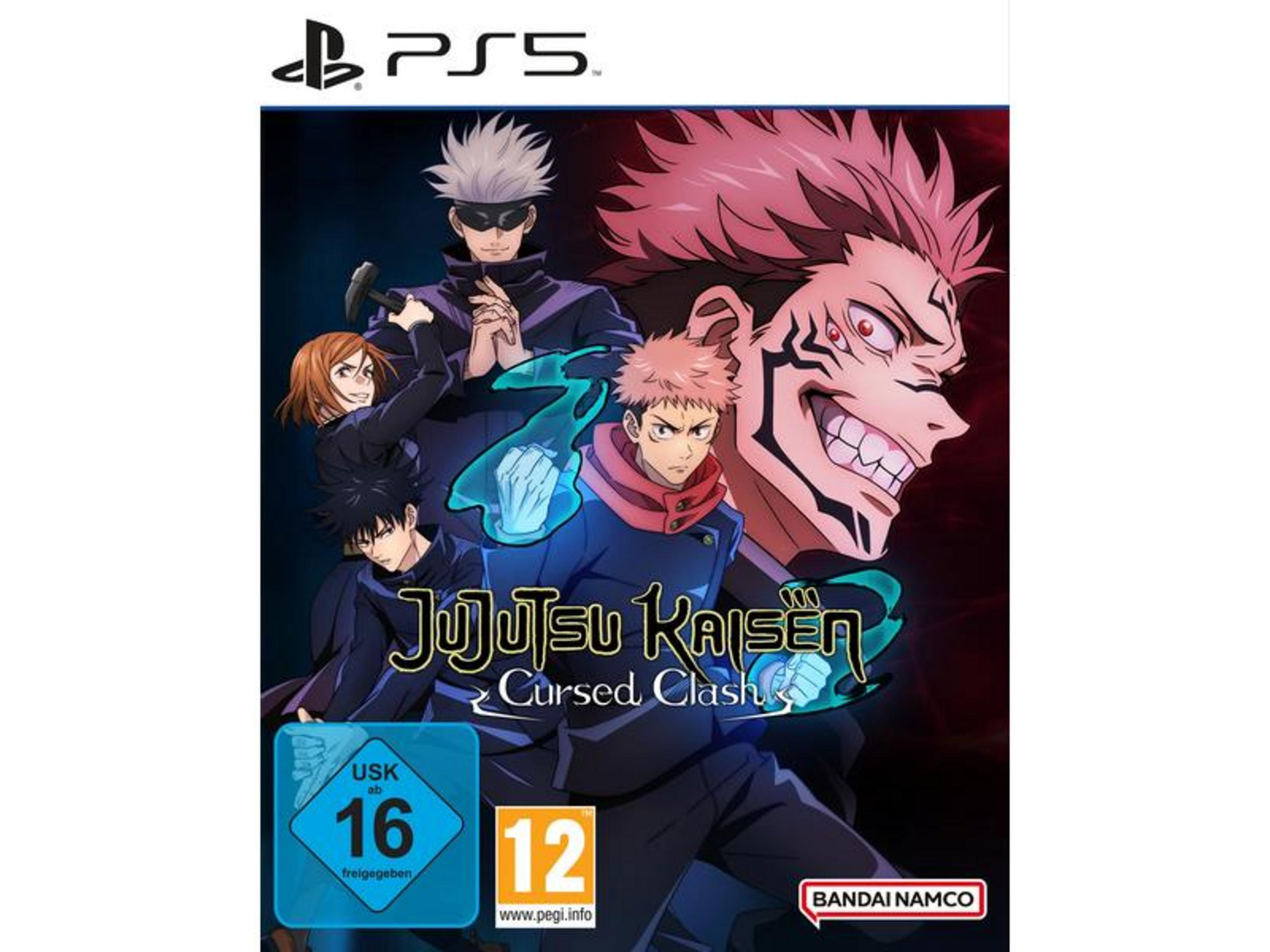PS5 Spielcover: Jujutsu Kaisen Cursed Clash mit Charakteren und USK/PEGI-Ratings.