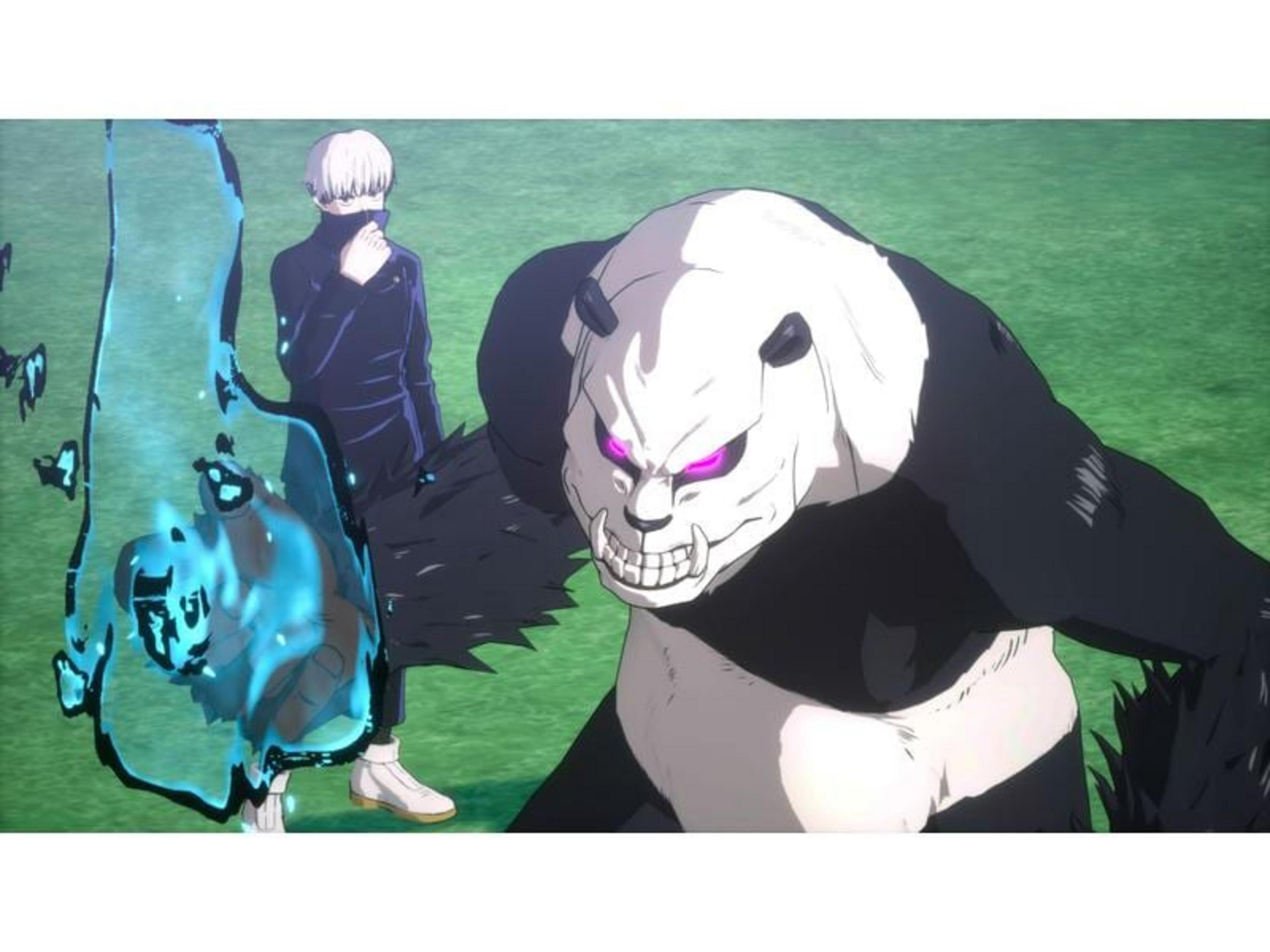 Ein Mann mit weißen Haaren steht neben einem Pandamonster mit lila Augen auf grünem Gras.