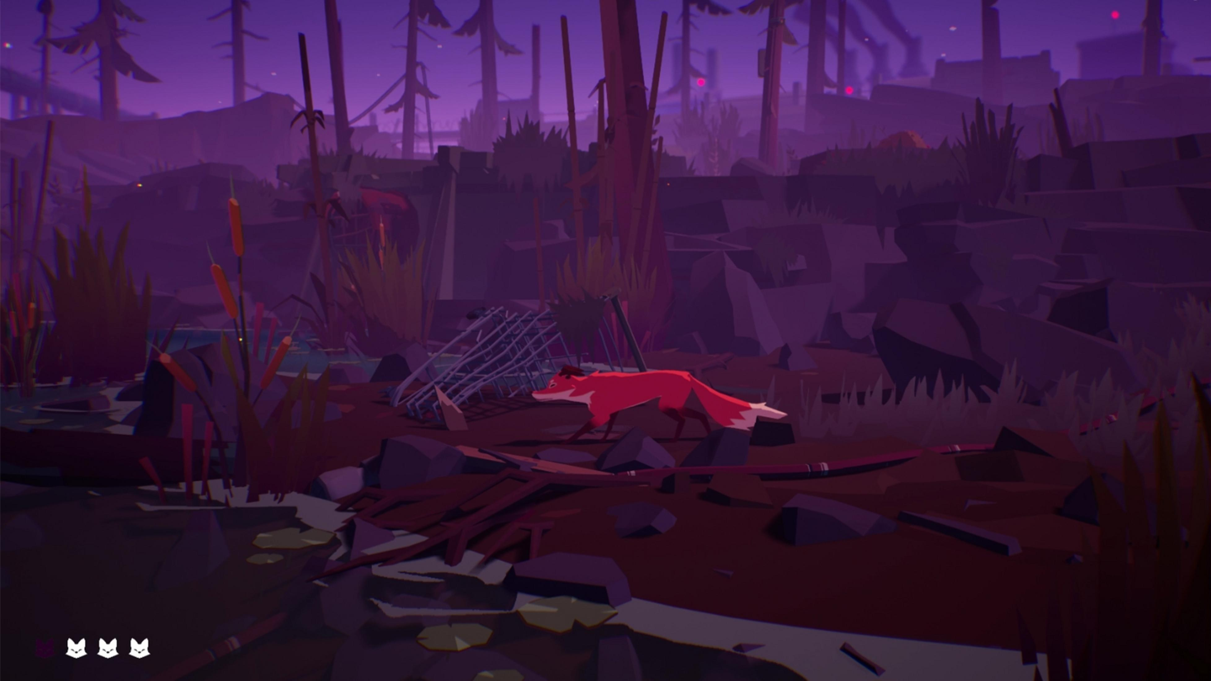 Rudy lis przechodzi przez fioletowy, zalesiony krajobraz z ruinami i wodą.