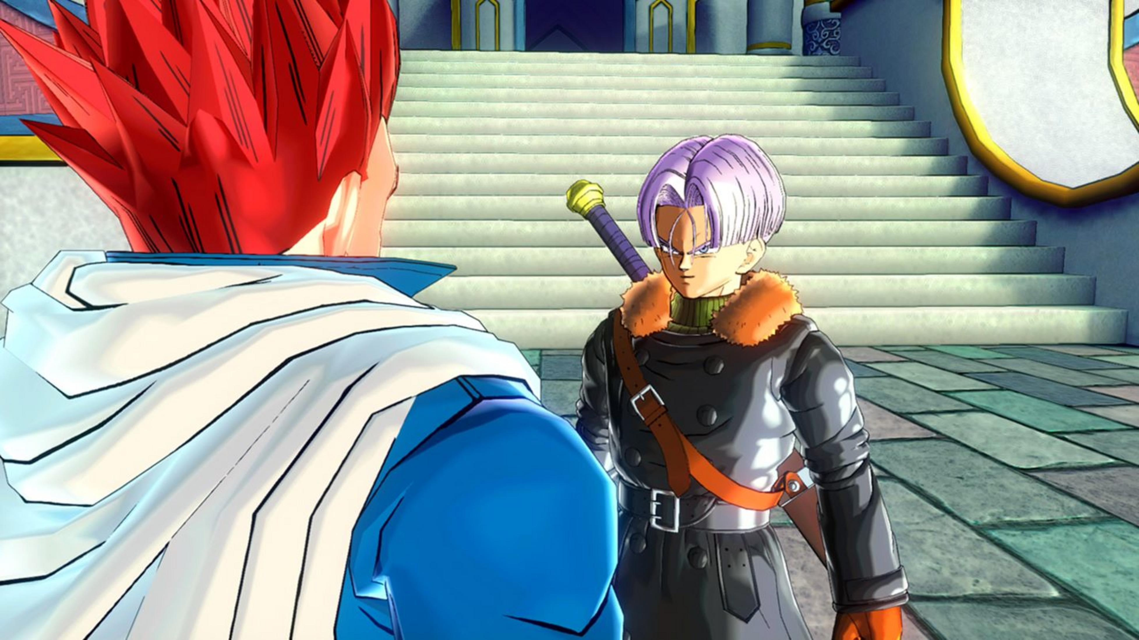 Zwei Anime-Charaktere stehen sich gegenüber, einer mit roten Haaren, der andere mit lila Haaren.