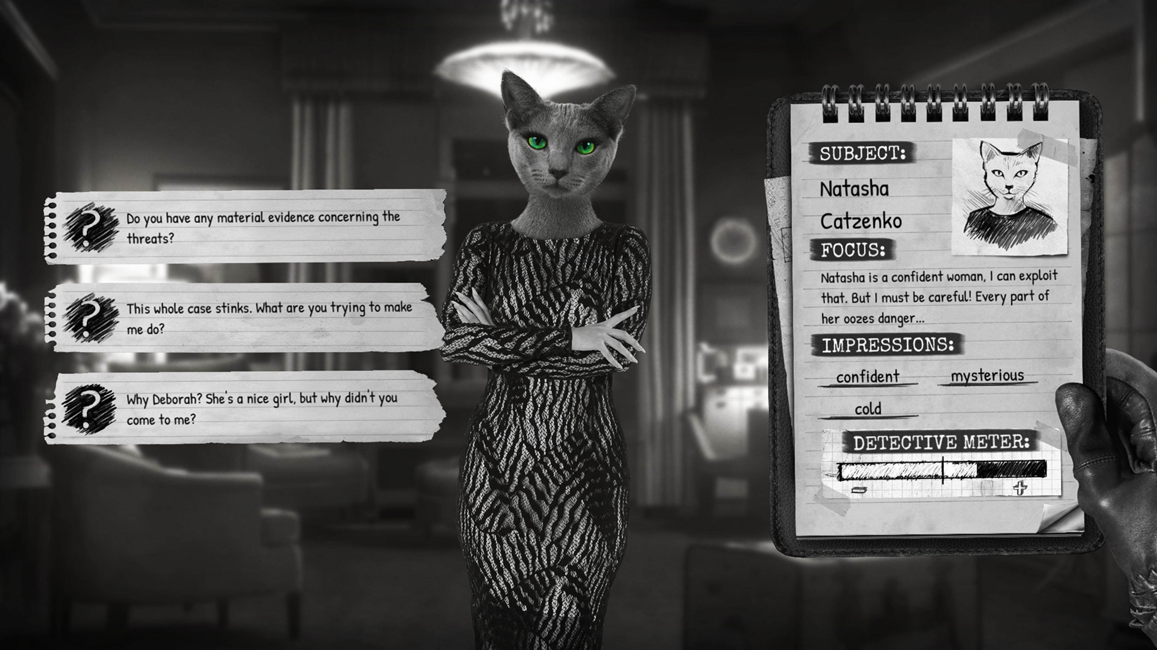 Eine Katze mit grünen Augen trägt ein Kleid. Notizen zeigen Fragen und ein Detektiv-Meter.