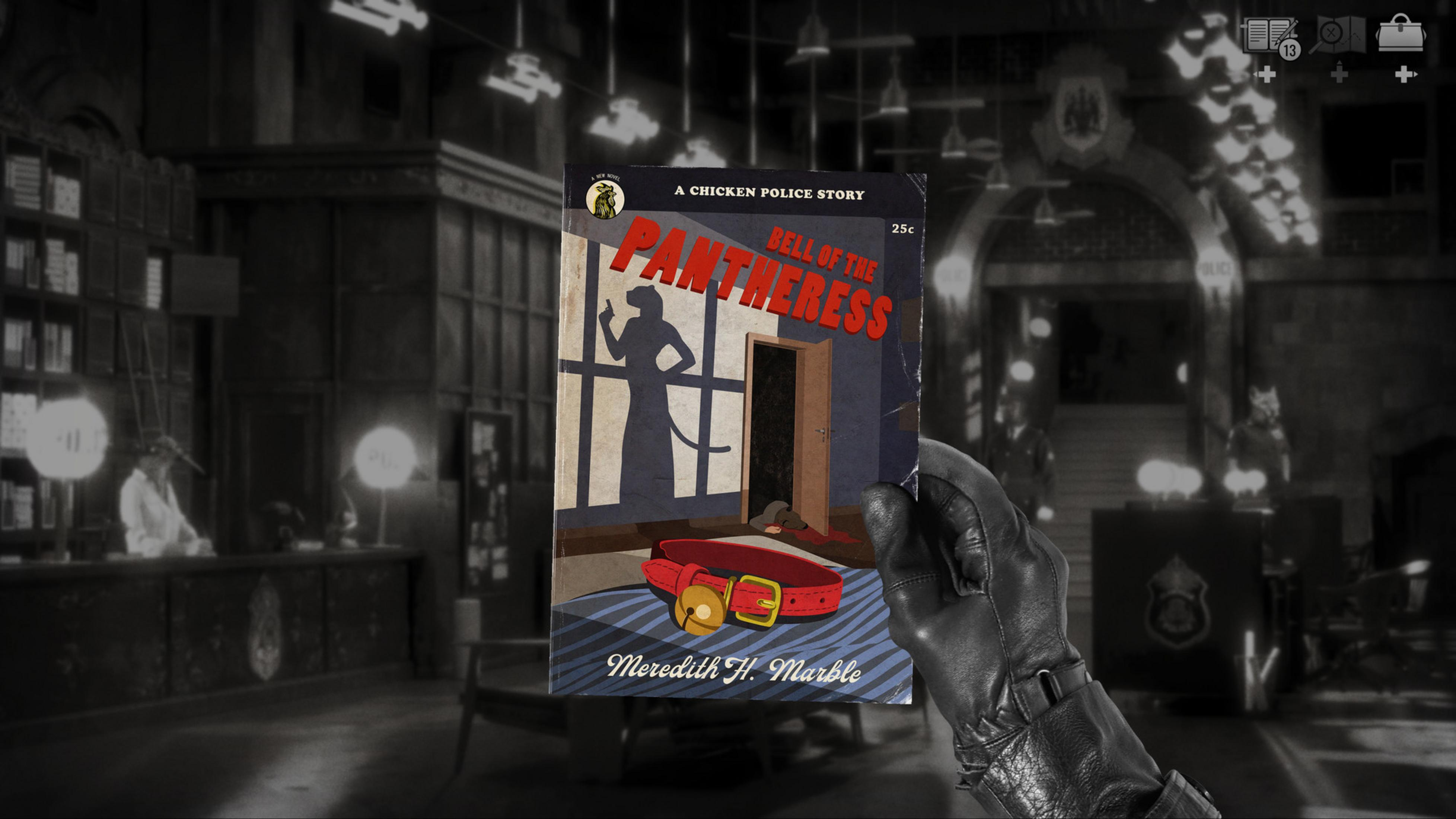 Eine behandschuhte Hand hält ein Buch „Bell of the Pantheress“. Ein rotes Halsband mit Glocke liegt auf gestreiftem Stoff.