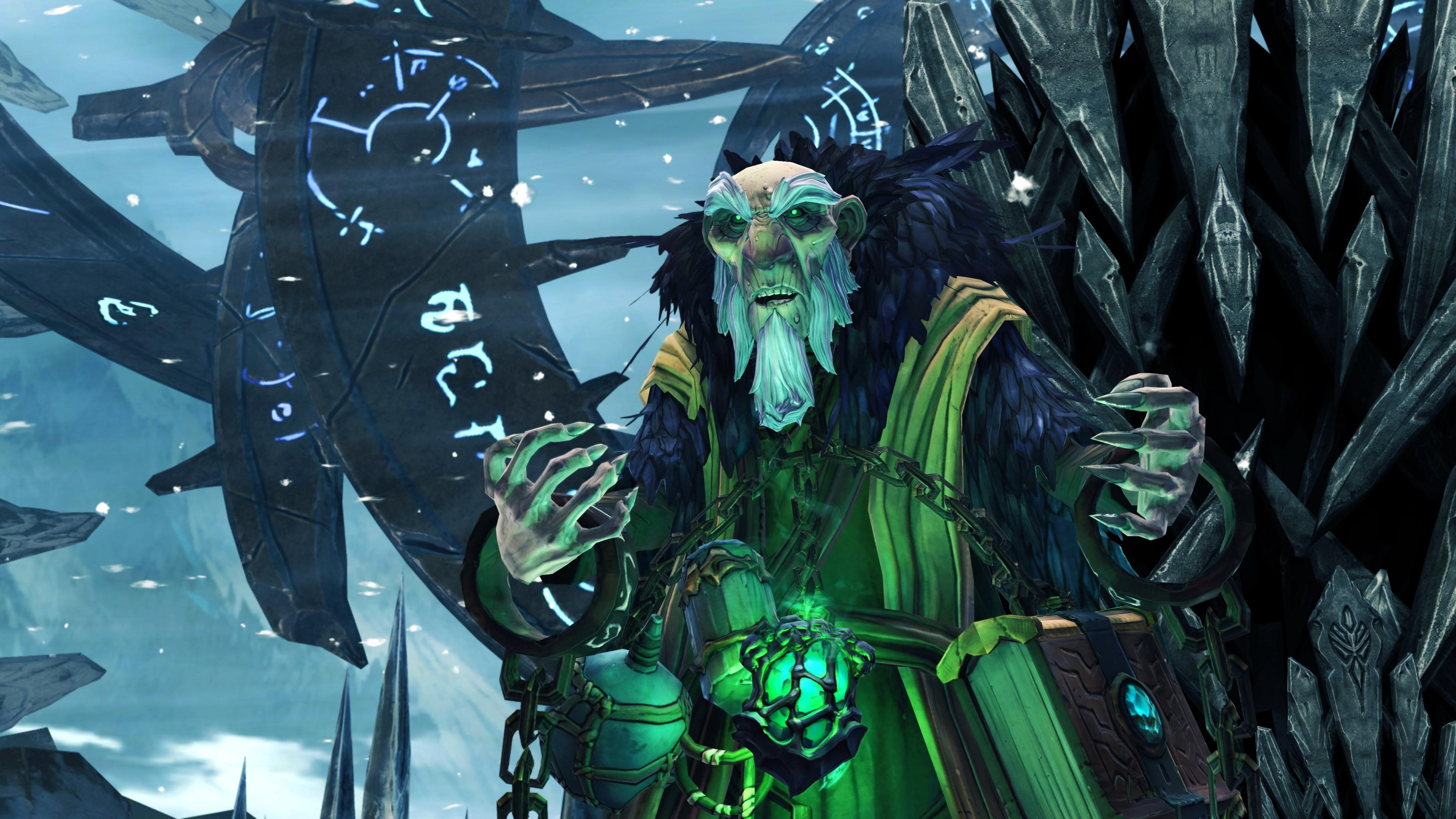 Starszy mężczyzna z zieloną twarzą i brodą, ubrany na zielono i czarno.