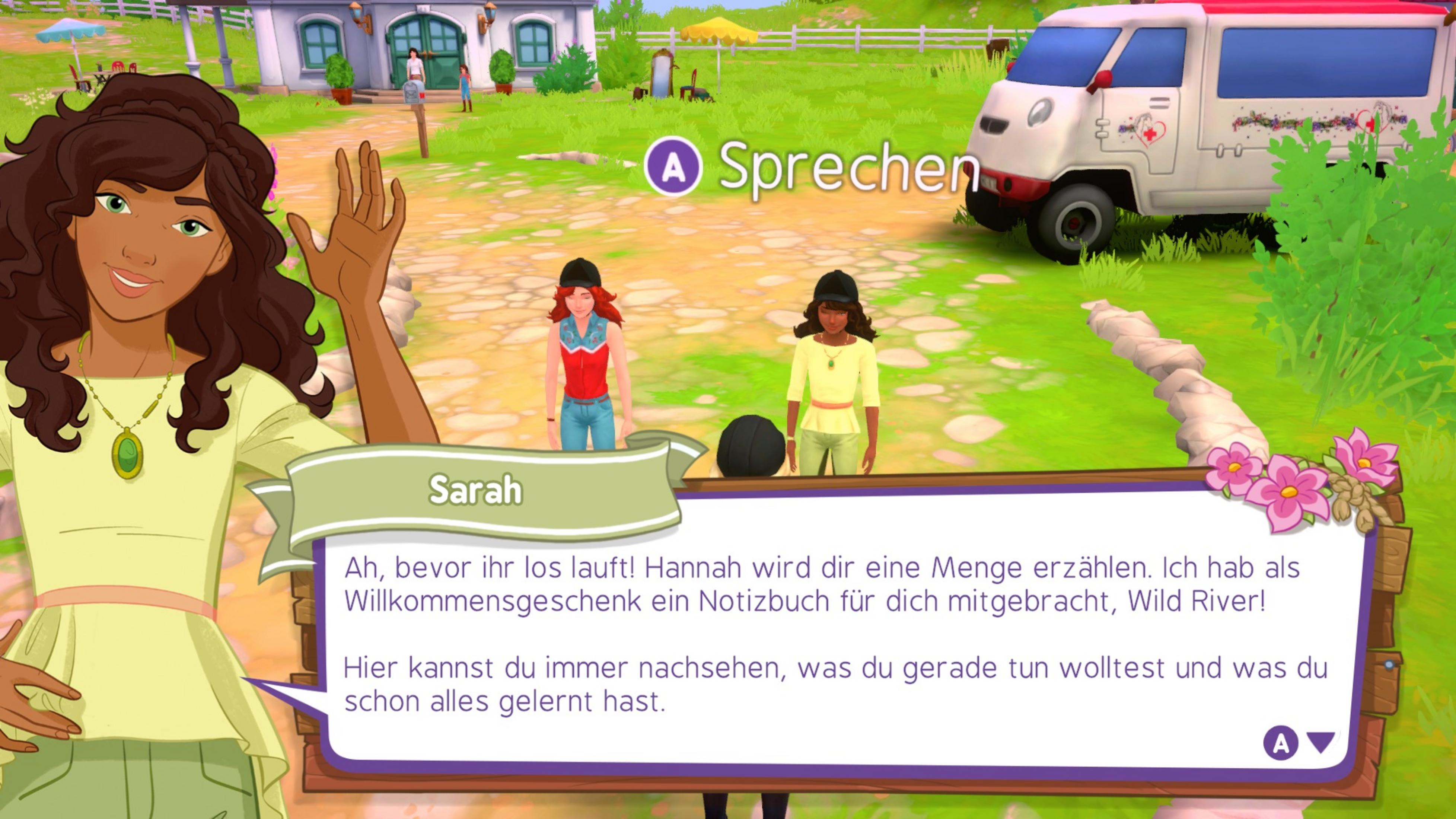 Eine Frau winkt, zwei Mädchen und ein Lieferwagen vor einem Stall.