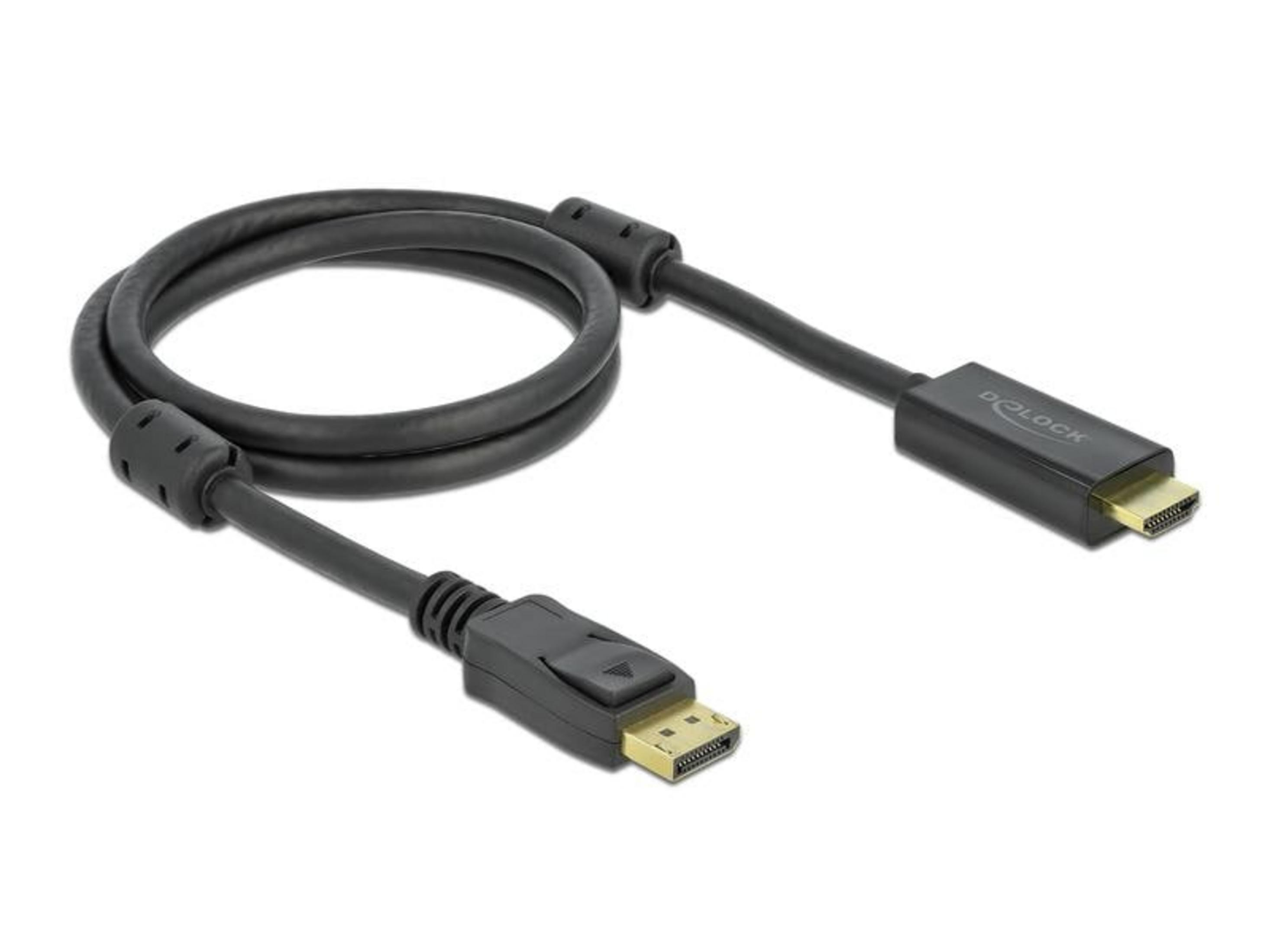 Câble noir avec connecteurs DisplayPort et HDMI sur fond blanc.