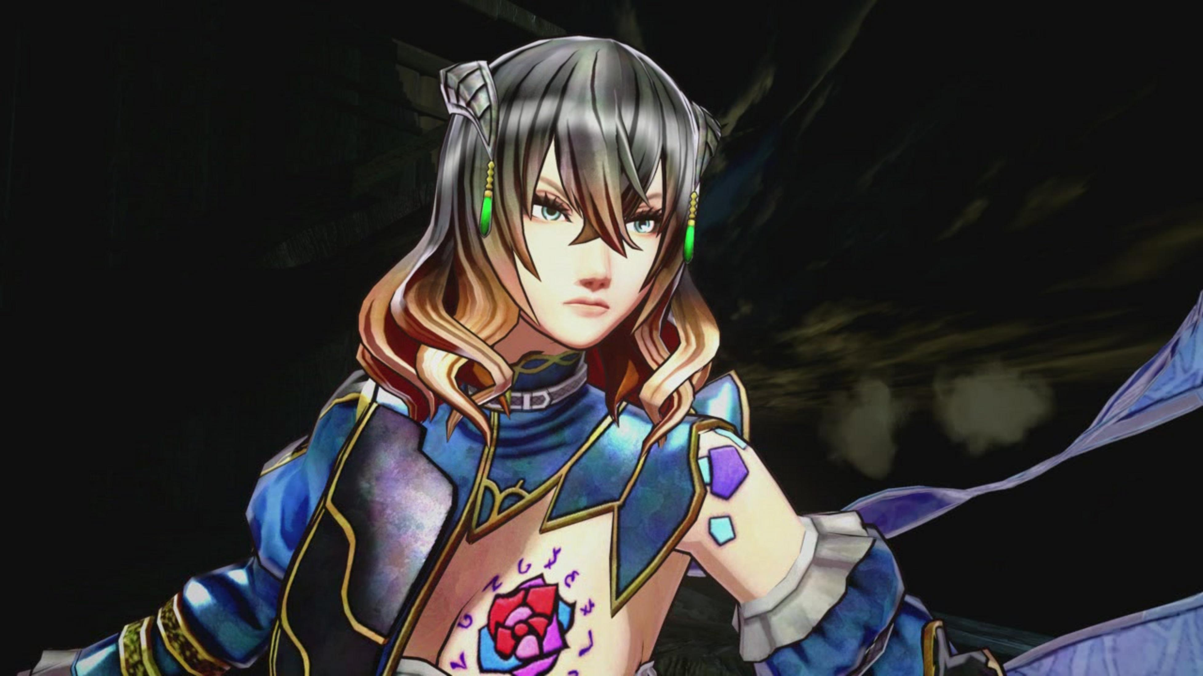 Anime-Figur mit blauen und goldenen Rüstungsteilen, grünen Ohrringen.