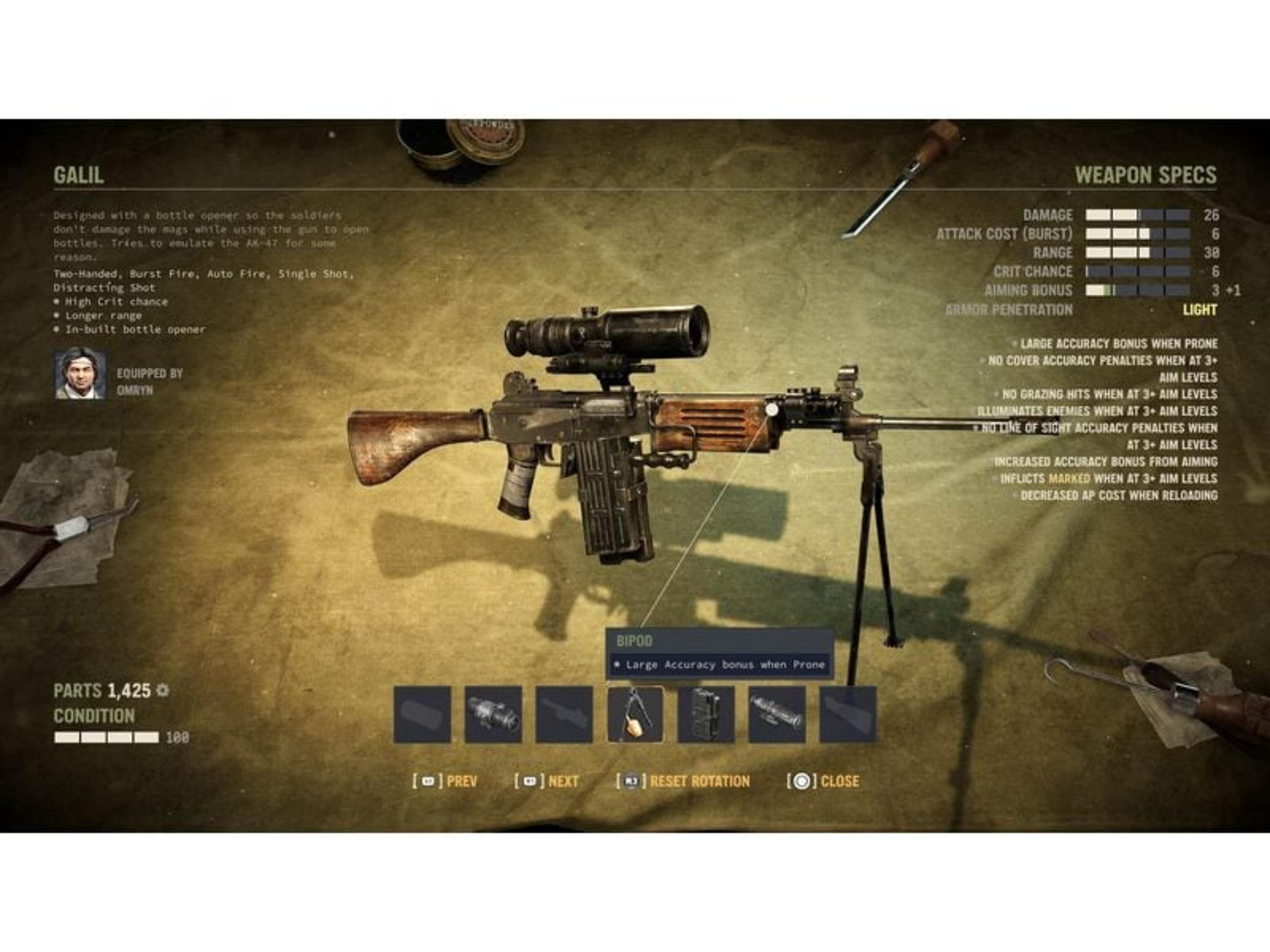 Die Galil-Waffe mit einem Zielfernrohr, einem Zweibein und Waffenstatistiken.