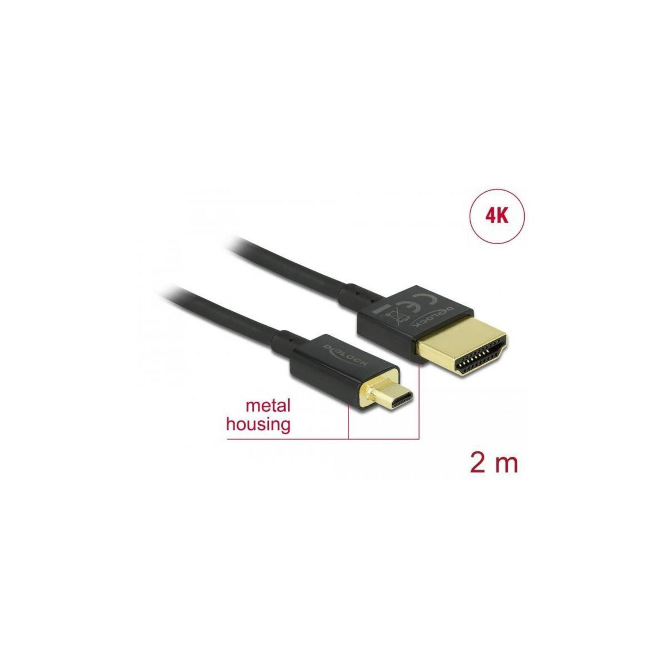 Ein schwarzes 2m HDMI-Kabel mit Metallgehäuse und 4K-Unterstützung.