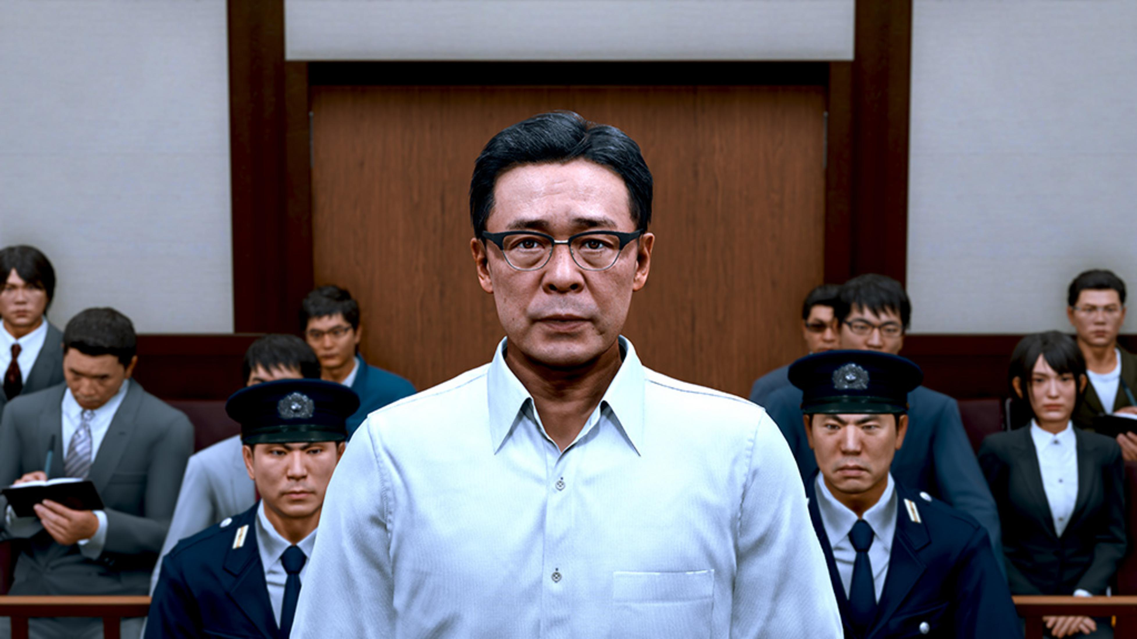 Mężczyzna w okularach i białej koszuli stoi w sądzie, otoczony przez funkcjonariuszy.