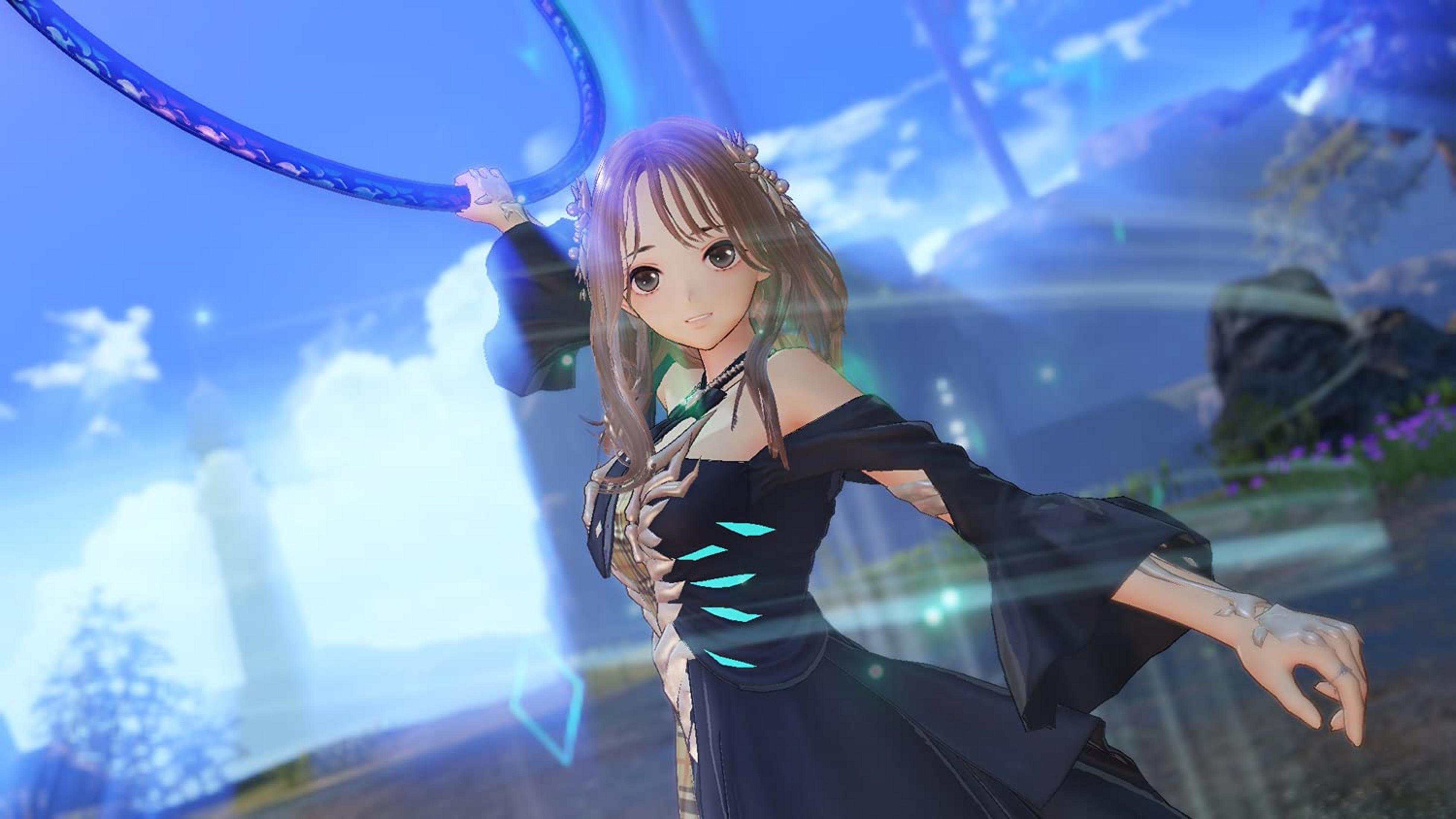 Anime-Mädchen im schwarzen Kleid hält einen blauen leuchtenden Reifen vor hellem Himmel und Landschaft.