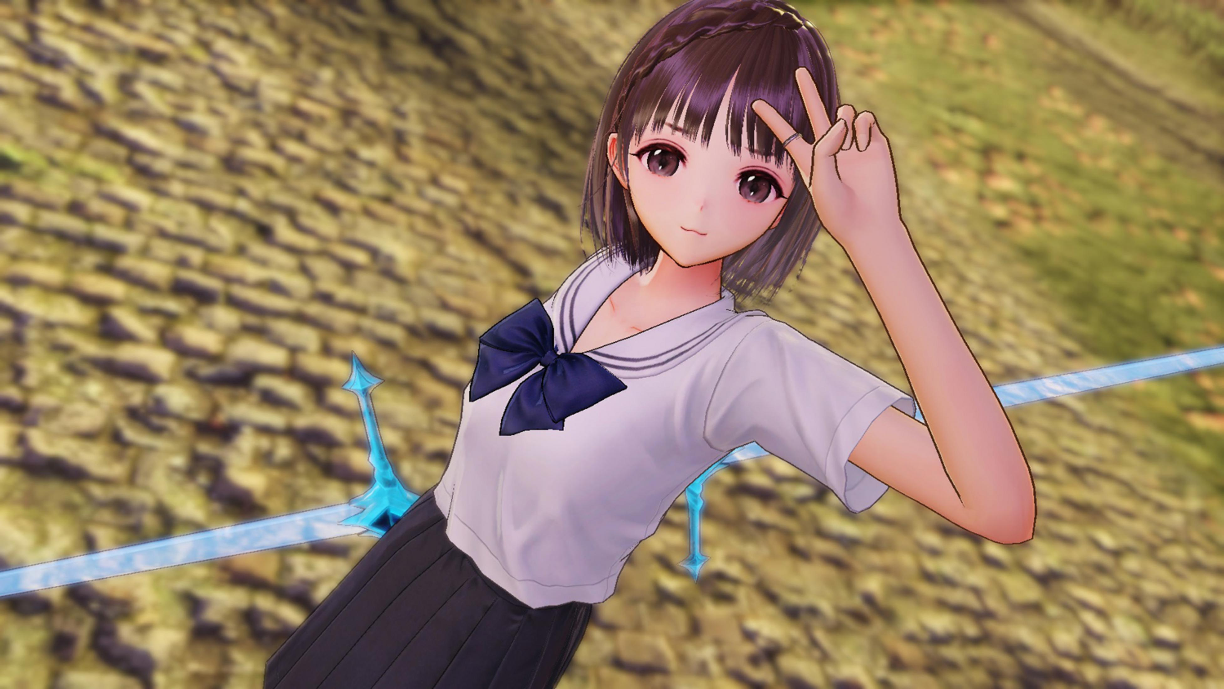 Anime-Mädchen in Schuluniform mit blauer Schleife und Schwert, zeigt Friedenszeichen.