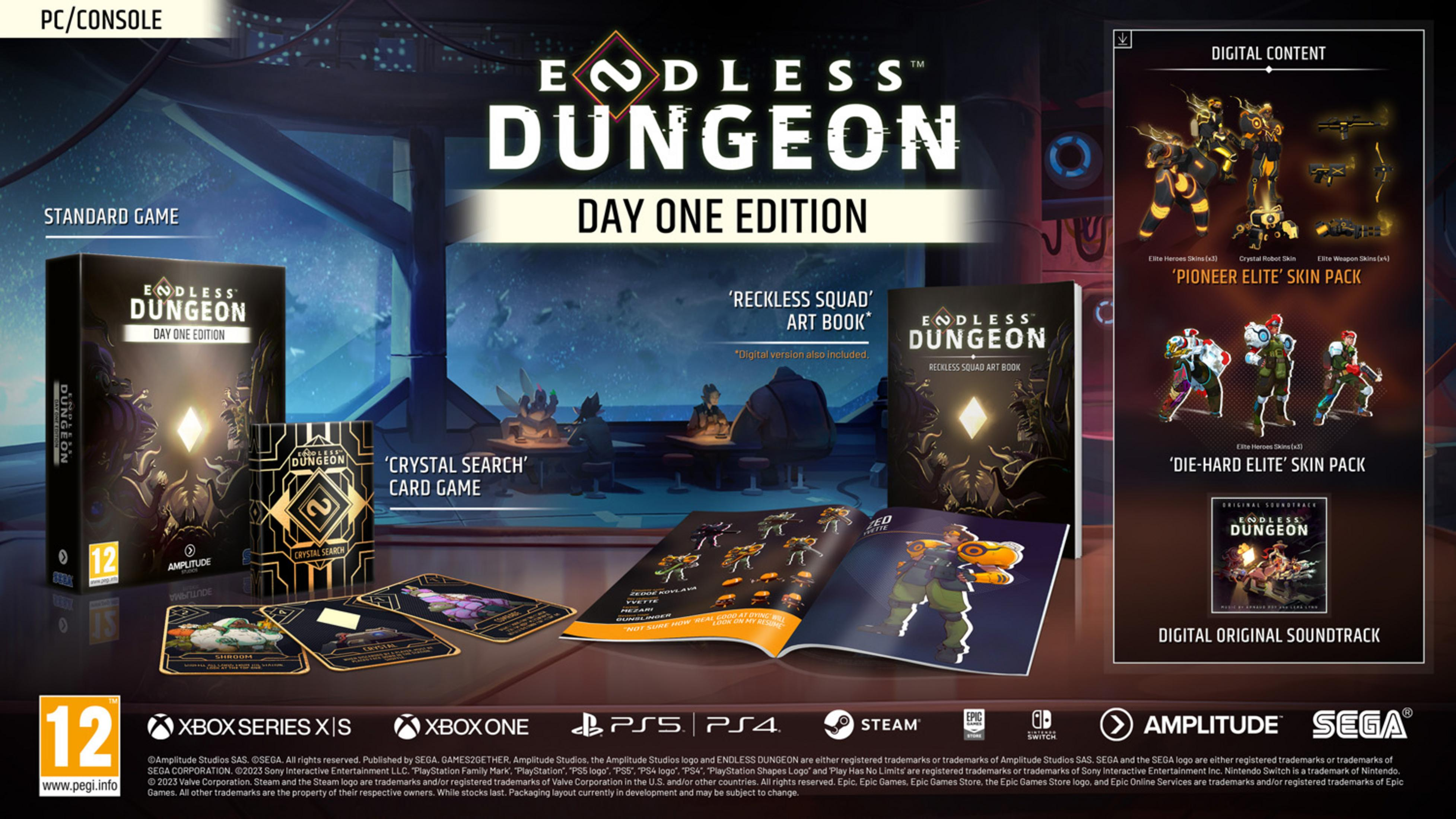 Werbebild für Endless Dungeon Day One Edition, zeigt Spielbox, Artbook, Kartenspiel und digitale Inhalte wie Skins und Soundtrack.