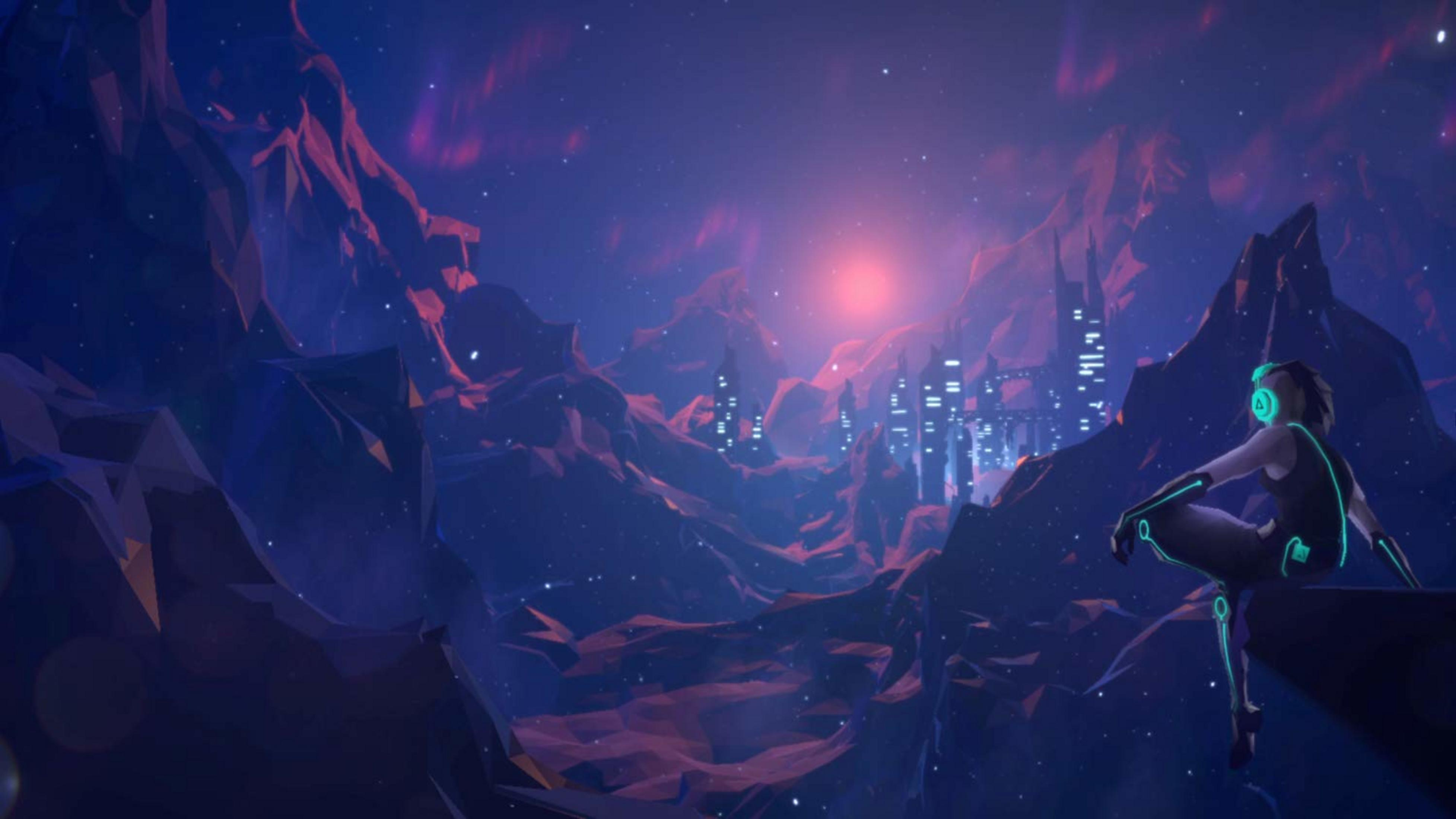 Postać ze słuchawkami siedzi na skale przed futurystycznym miastem na nocnym niebie.