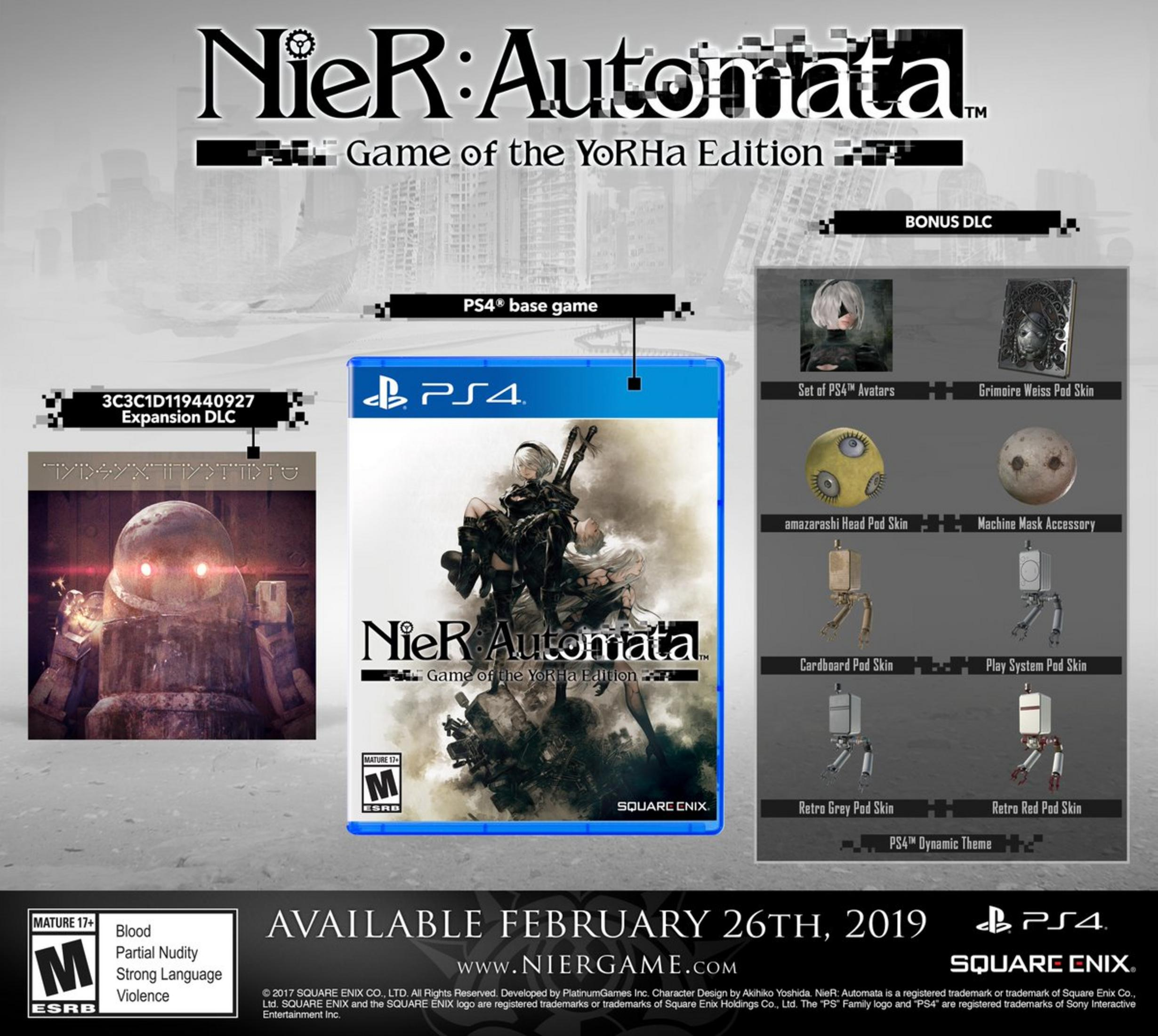 Arte promocional del juego NieR: Automata, mostrando la carátula de PS4 y contenido DLC.