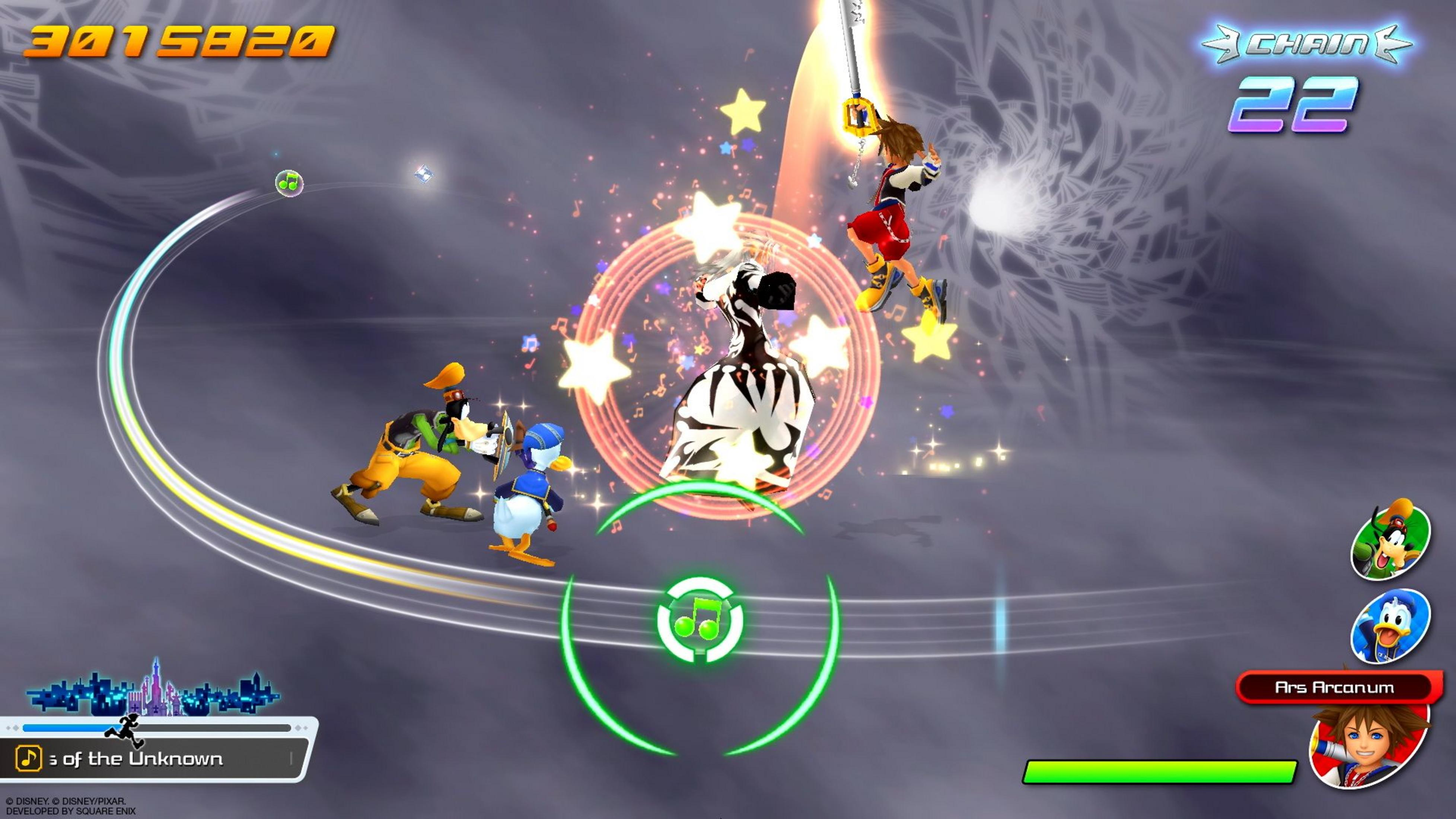 Sora, Donald und Goofy kämpfen in einer magischen Umgebung mit Sternen.