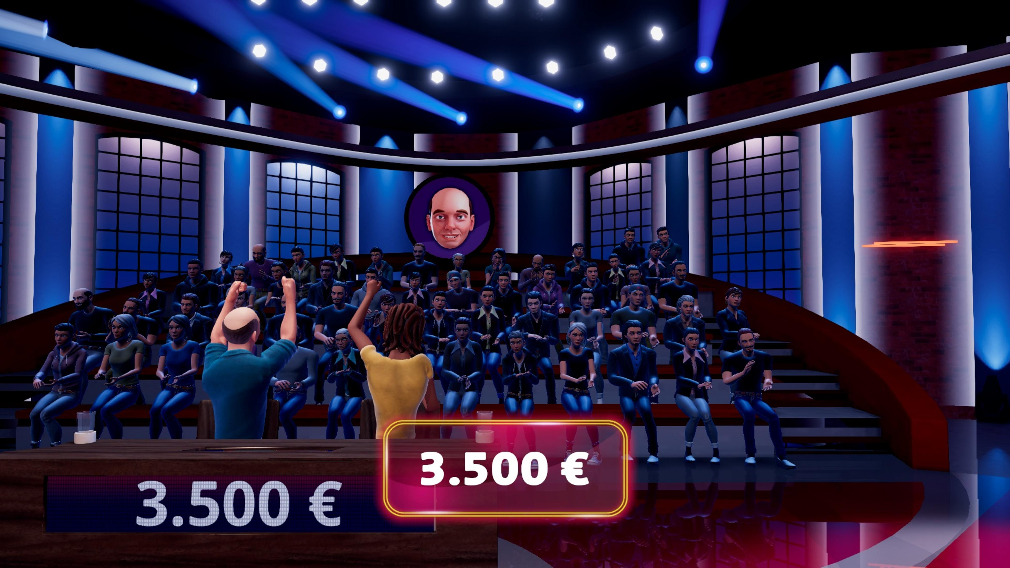 Spielshow-Bühne mit Publikum, Moderatoren und 3.500 € Anzeige.