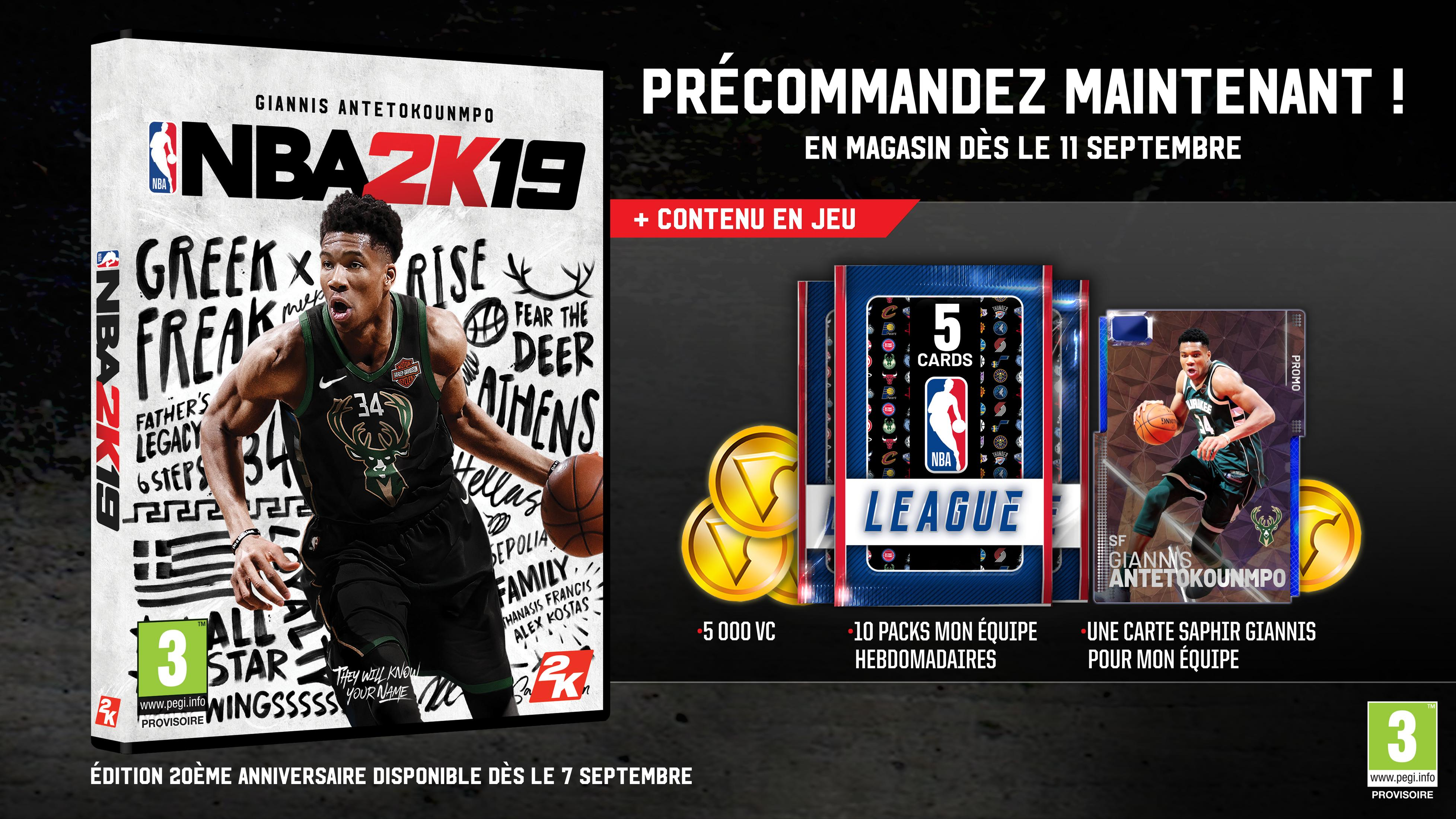 Portada de NBA 2K19 con Giannis Antetokounmpo, contenido del juego y bonos de reserva.