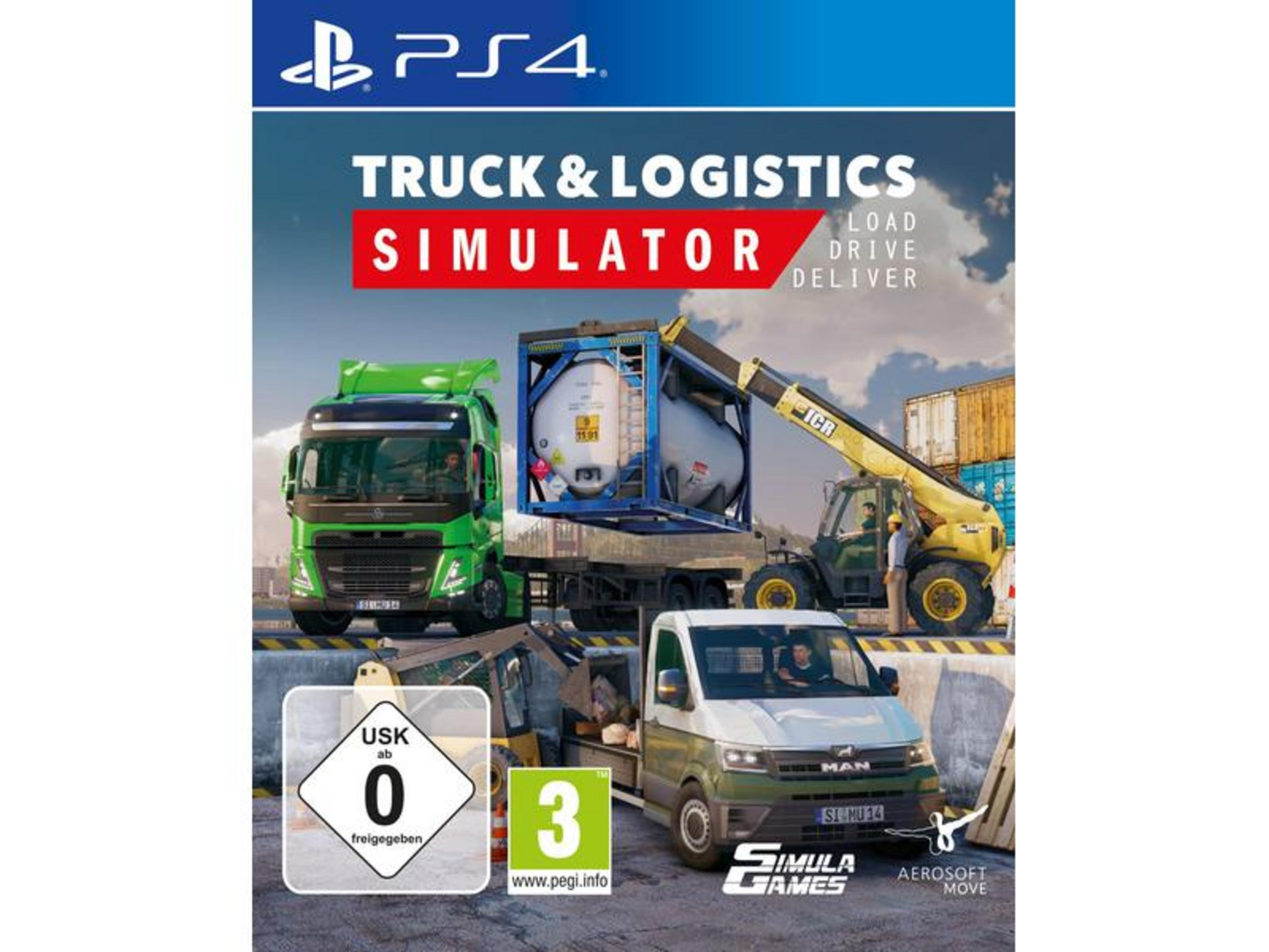 PS4 Truck & Logistics Simulator : Un camion vert, un chariot élévateur et une camionnette.