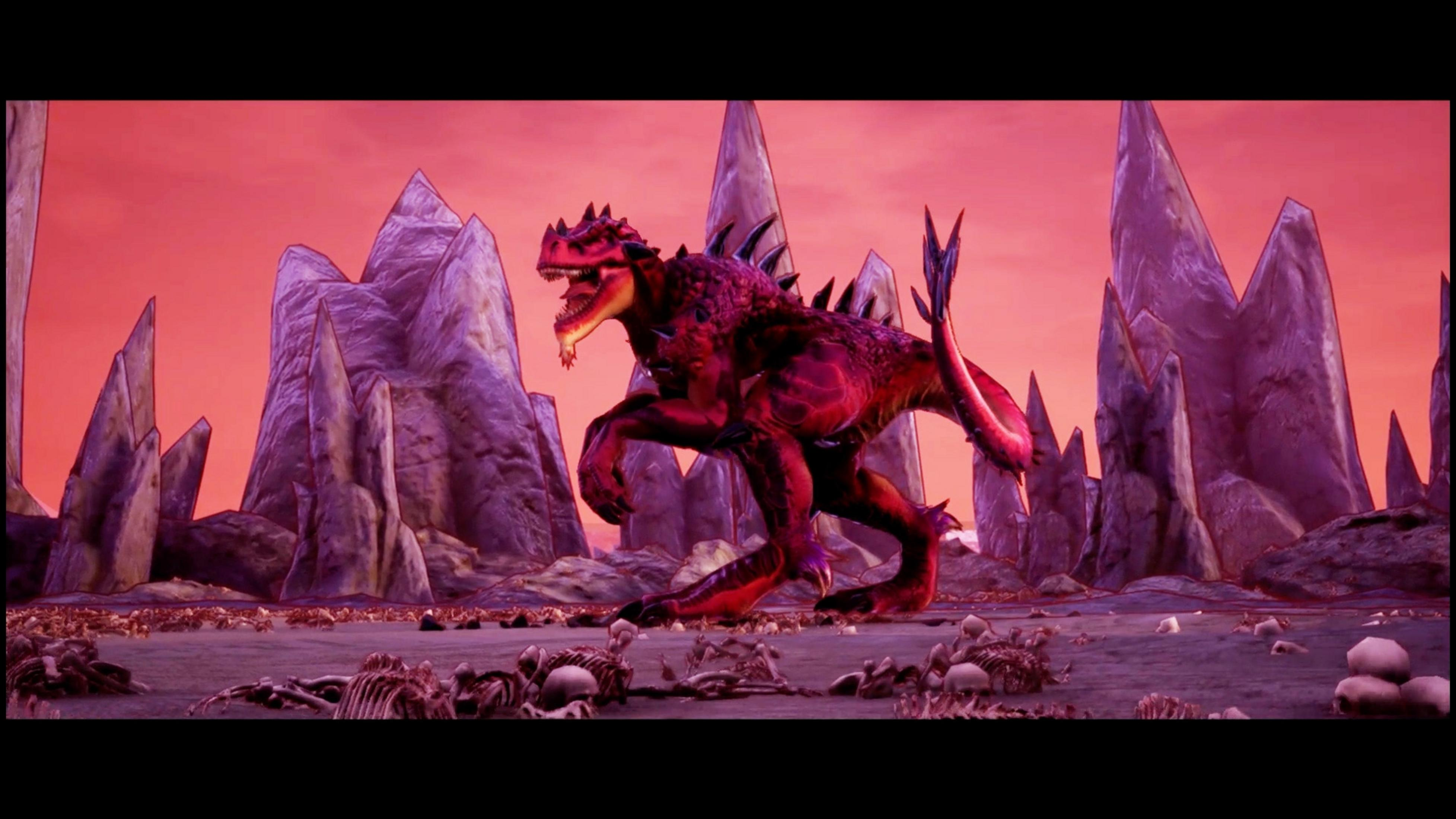 Ein roter Drache steht auf einem Knochenfeld vor lila Felsen und einem roten Himmel.