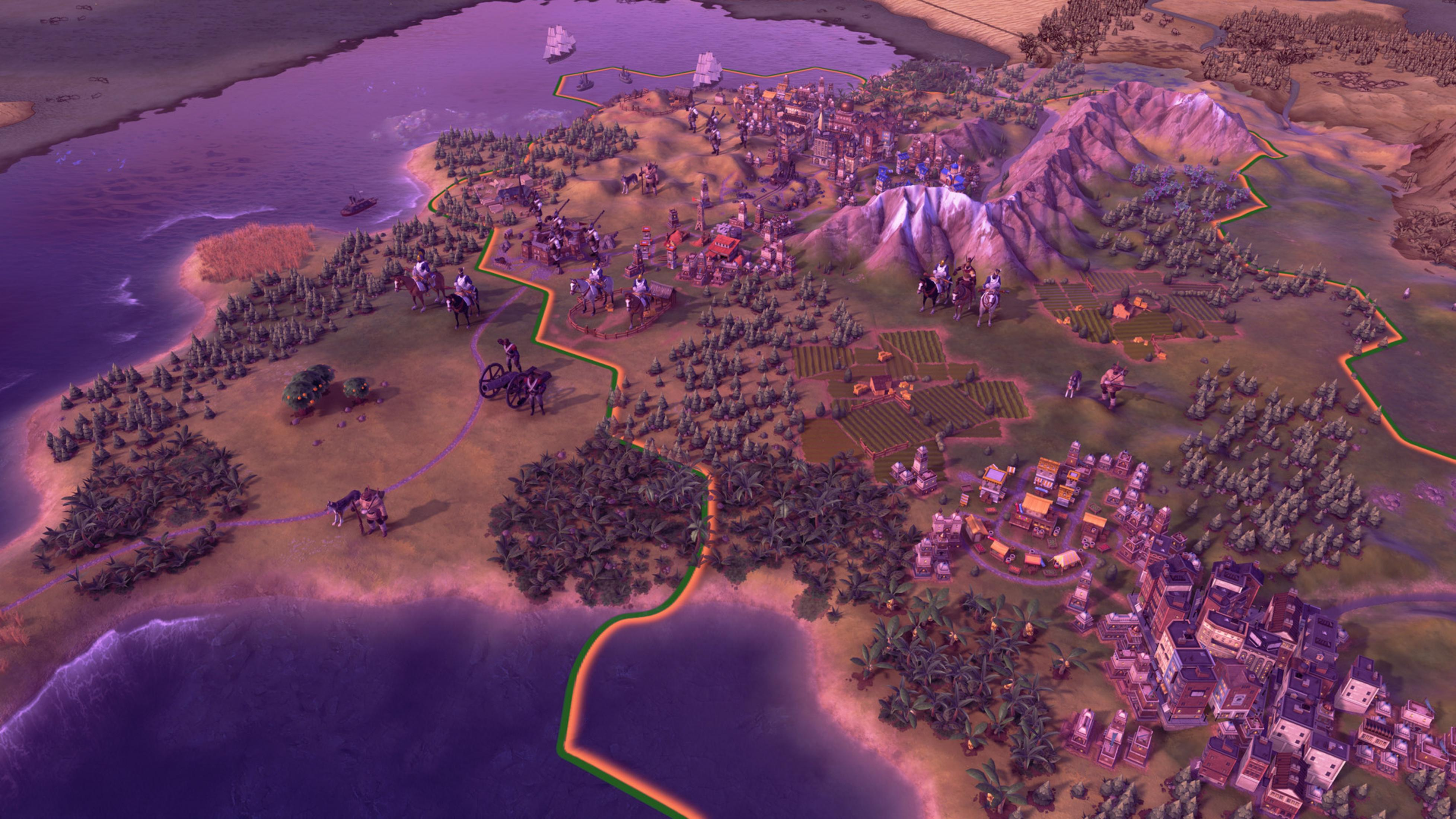 Eine Strategiespiel-Stadt am Wasser mit Bergen im Hintergrund.