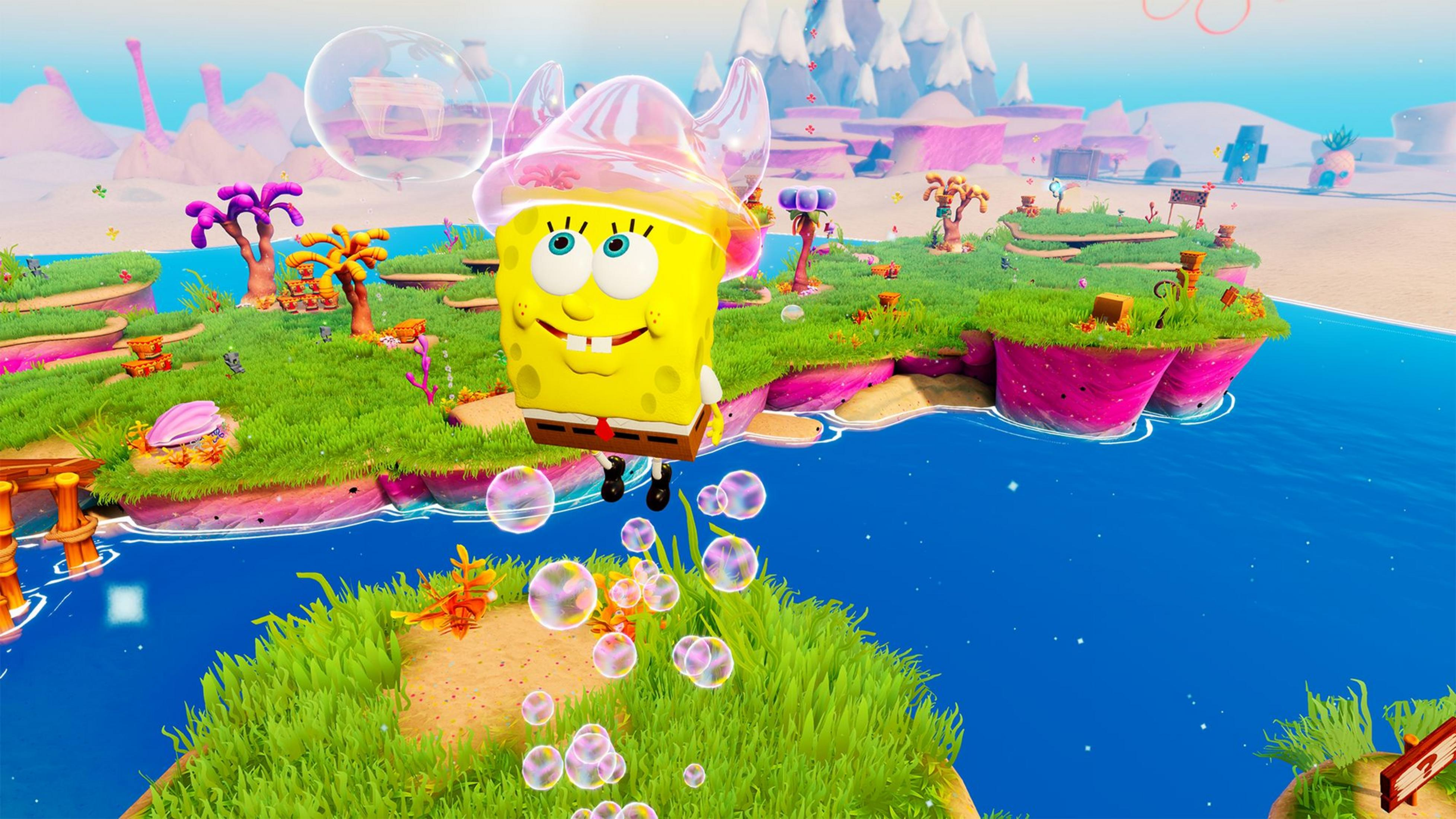 SpongeBob fliegt durch eine bunte Unterwasserwelt mit schwebenden Inseln und Blasen.