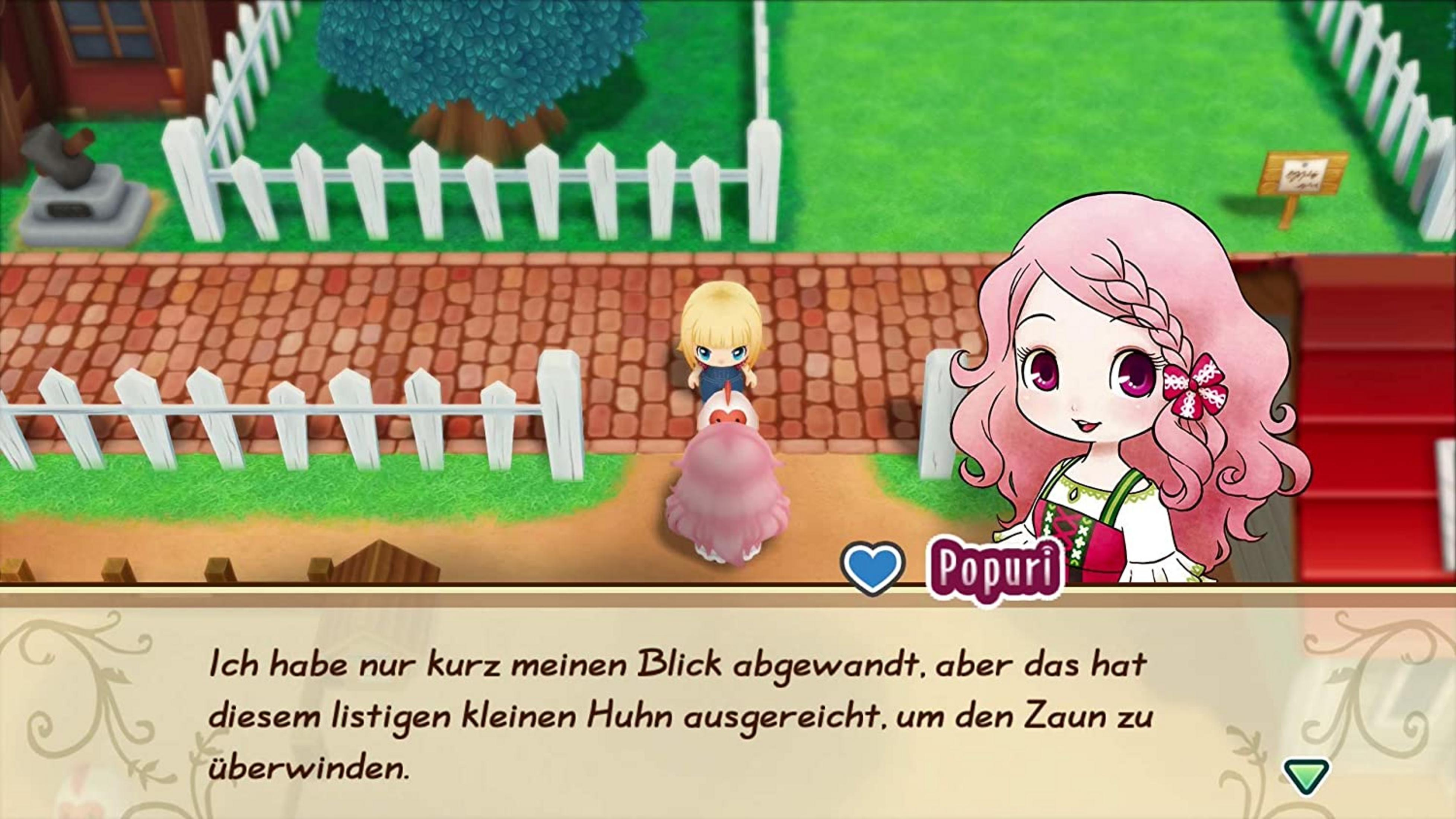 Ein Mädchen mit rosa Haaren, ein kleines blondes Kind und ein rosa Huhn vor einem Zaun.