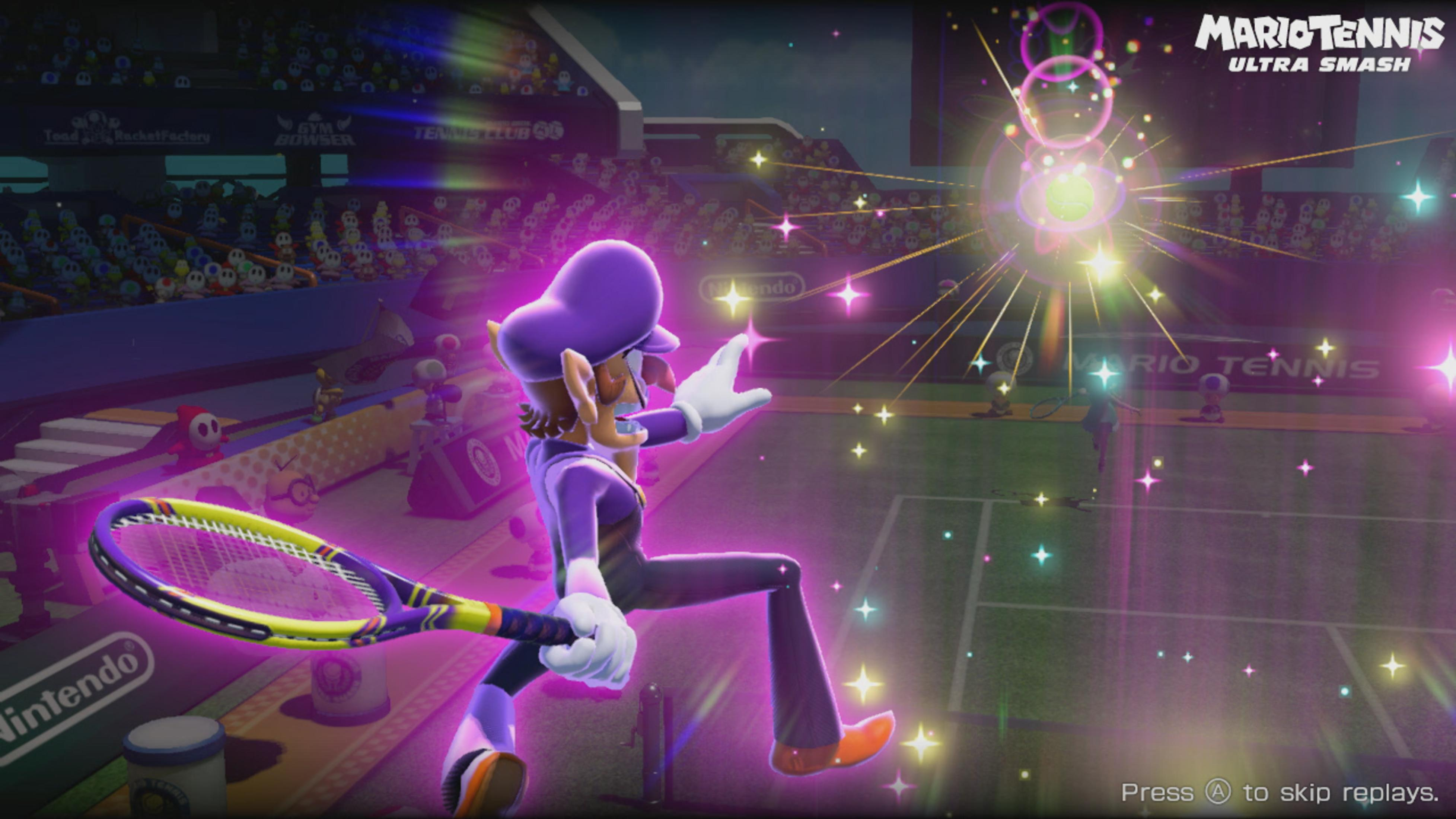 Waluigi spielt Tennis vor jubelnden Zuschauern unter einem Lichtspektakel.