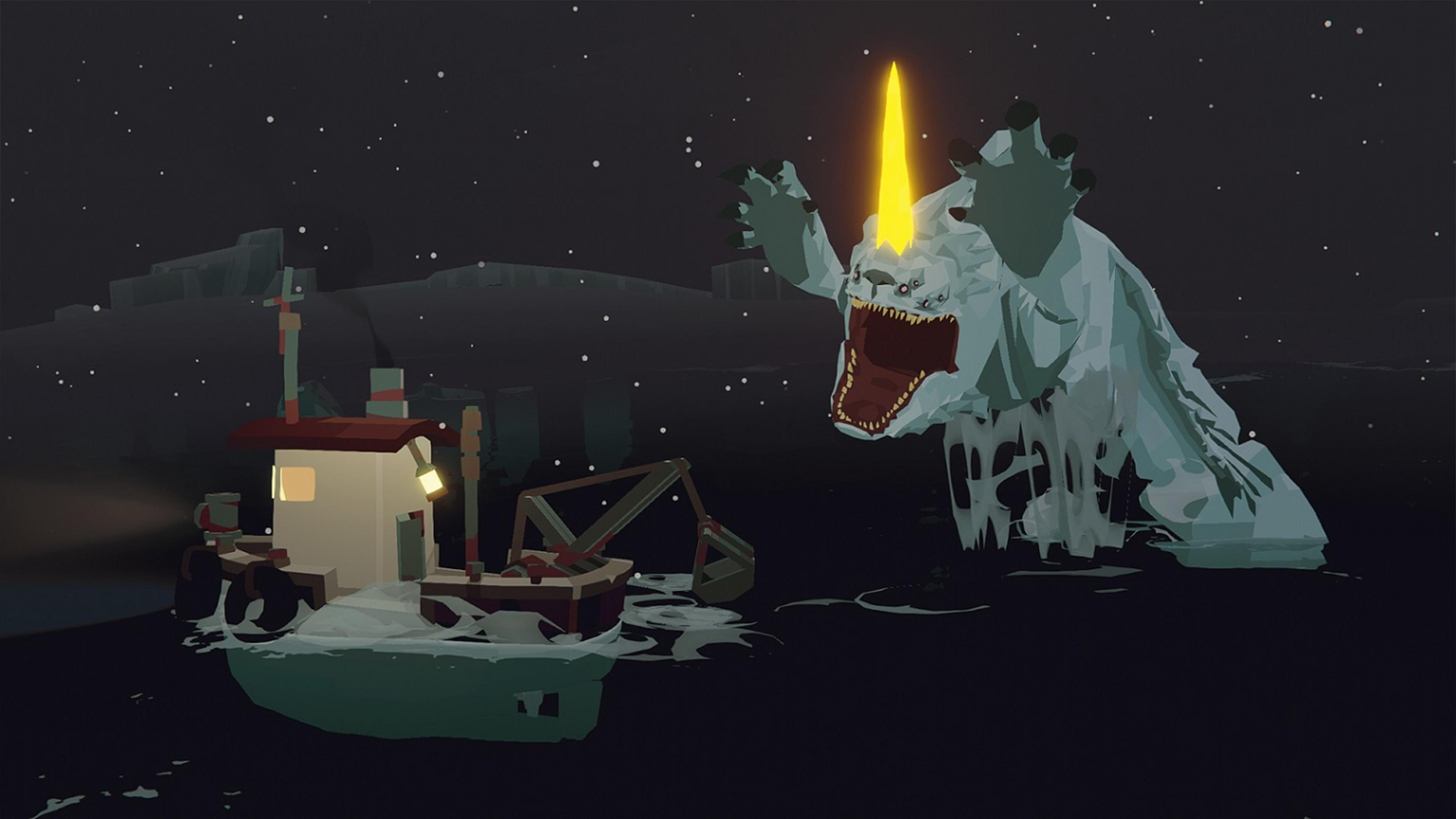 Ein eisiges Monster mit Horn und Schalentieren konfrontiert ein kleines Boot bei Nacht.