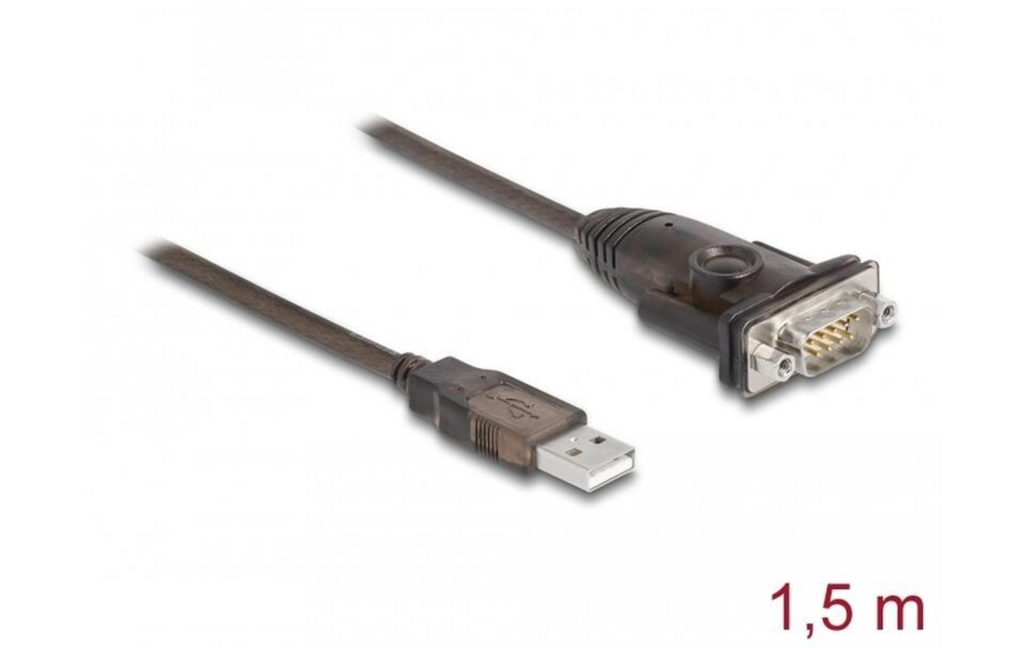 Un cavo USB a DB9 nero, lungo 1,5 metri.
