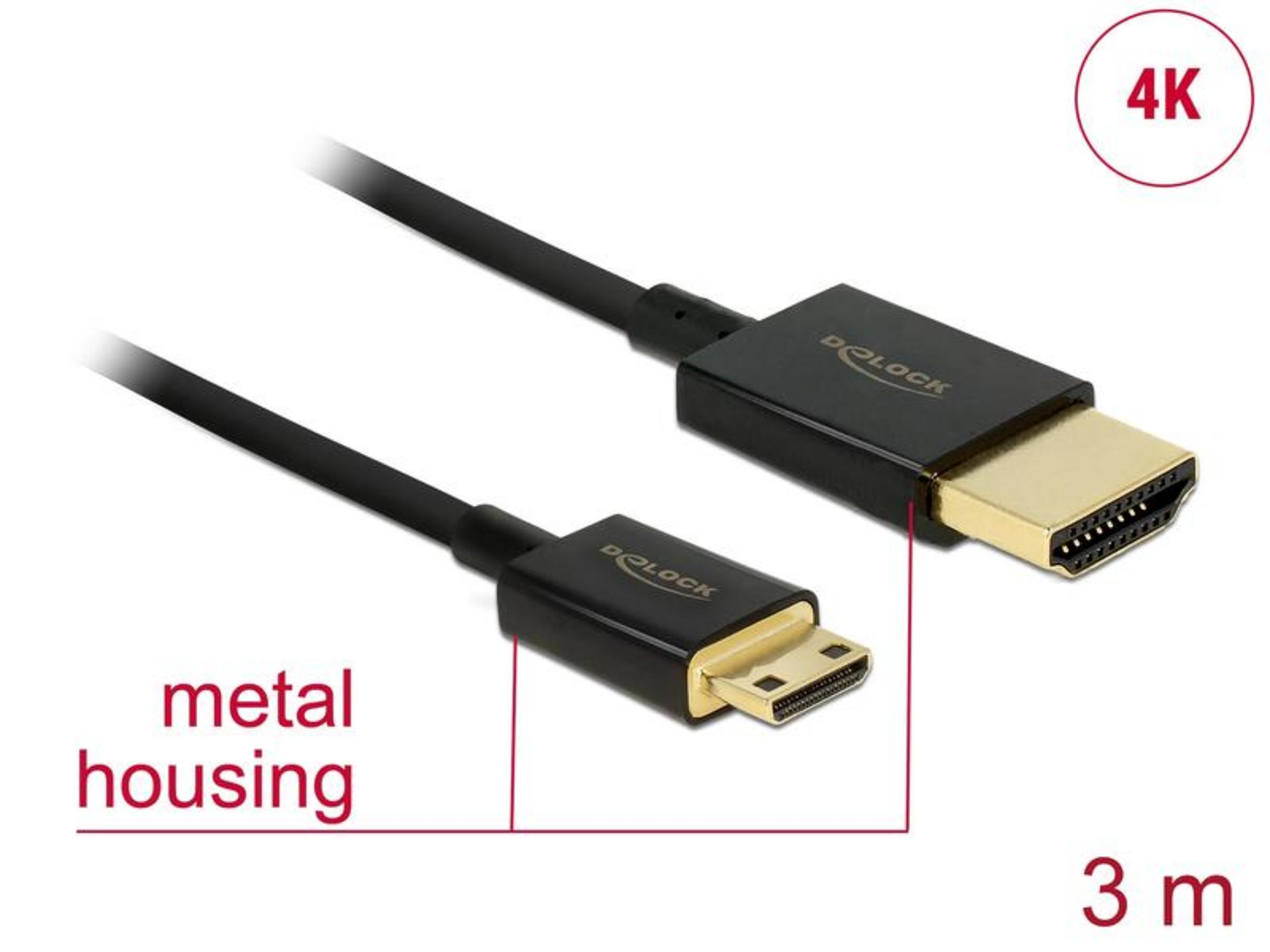 Ein schwarzes HDMI-Kabel mit Metallgehäuse, 3m lang, 4K-fähig.