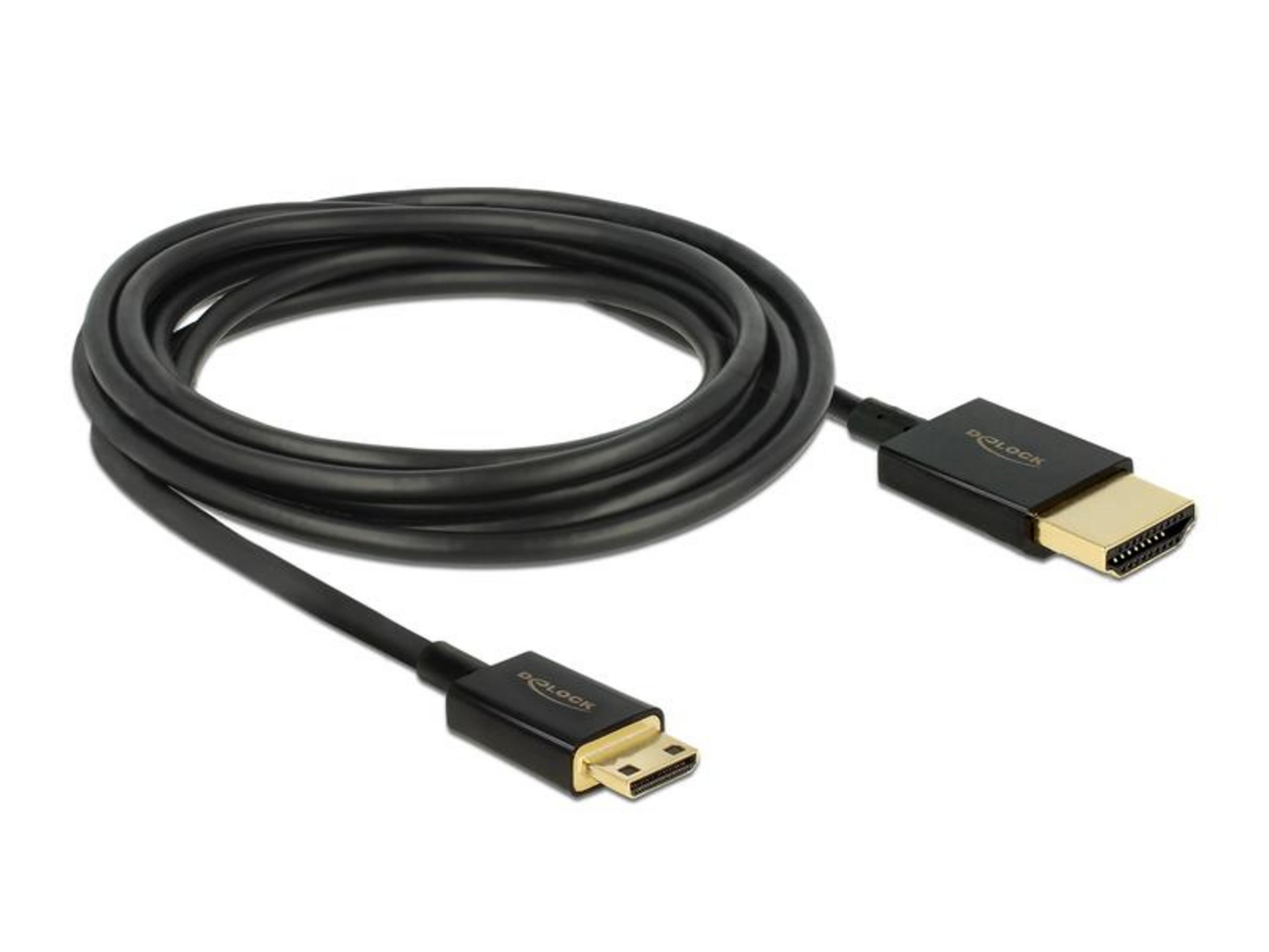 Ein schwarzes Kabel mit goldenen Anschlüssen, eines davon ein Standard-HDMI-Stecker.