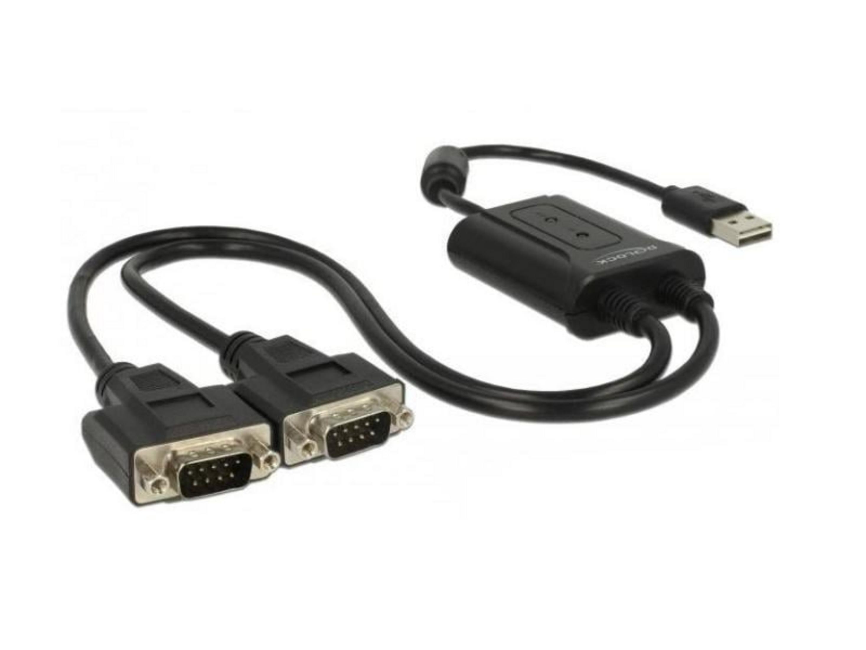Cavo USB a 2x DB9 nero con connettori e alloggiamento.