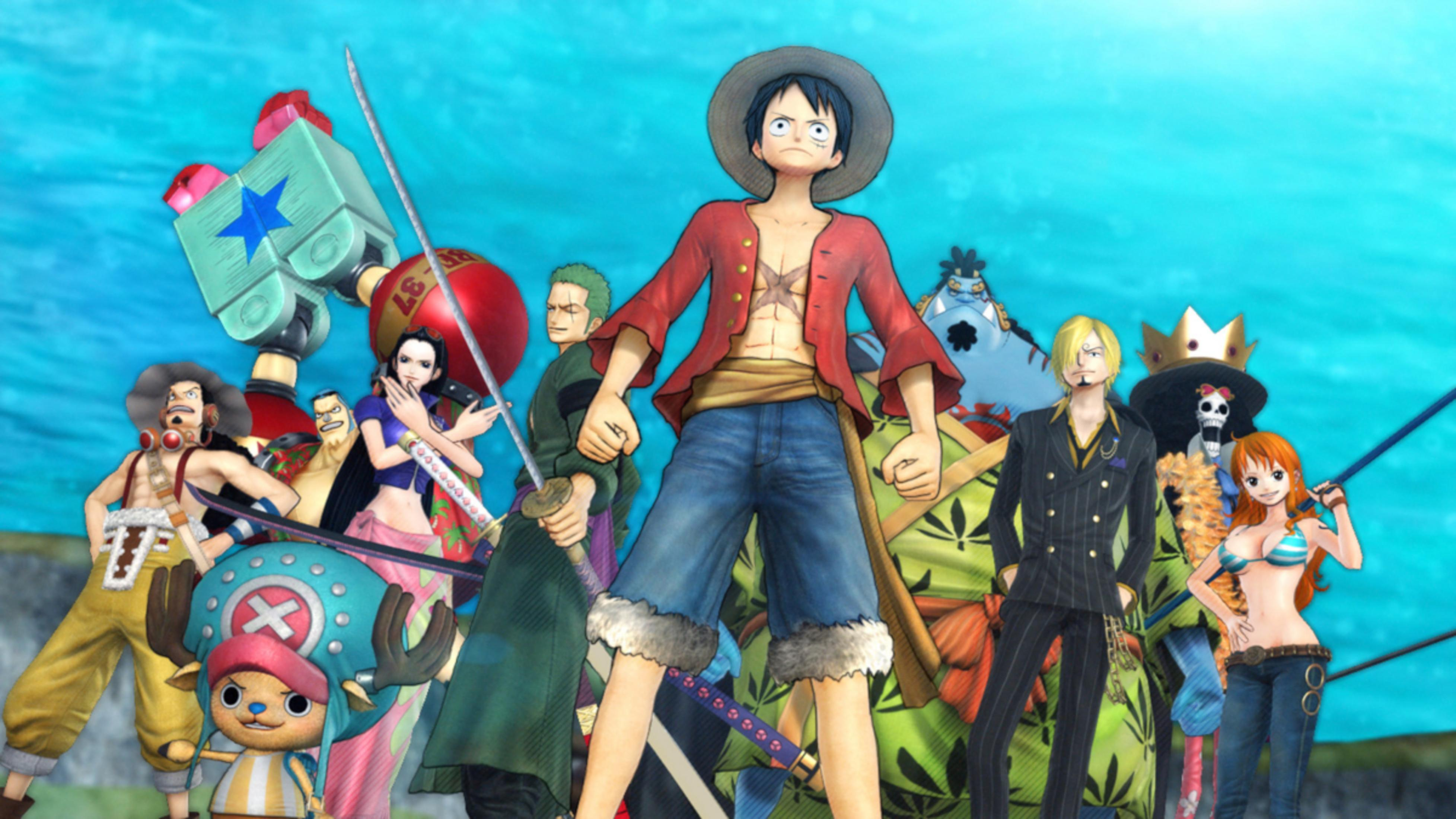 Die Strohhutpiraten posieren vor blauem Wasser. Luffy steht im Vordergrund.