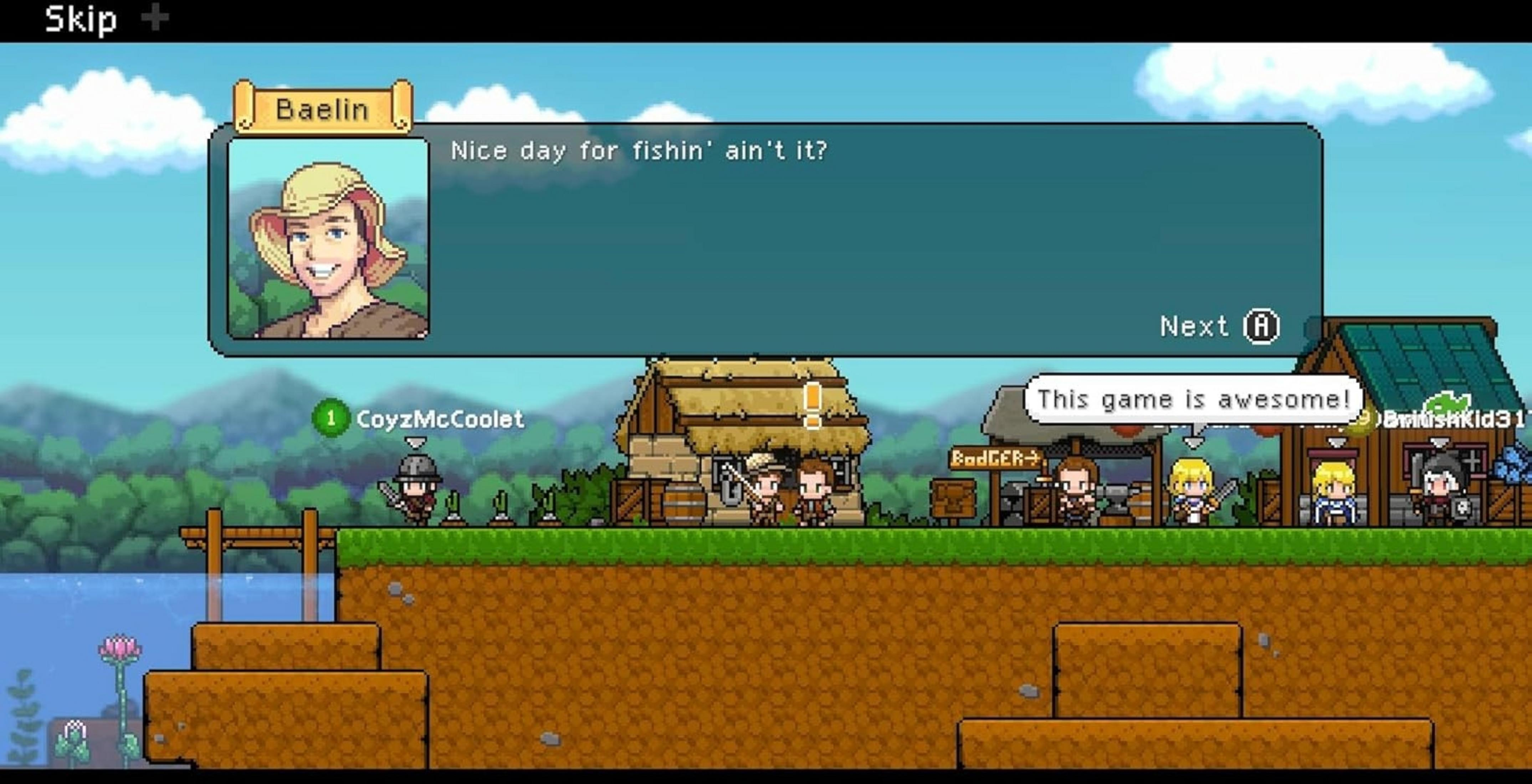 Pixel-Charaktere in einer Spielszene mit einem Dialogfeld über Angeln.