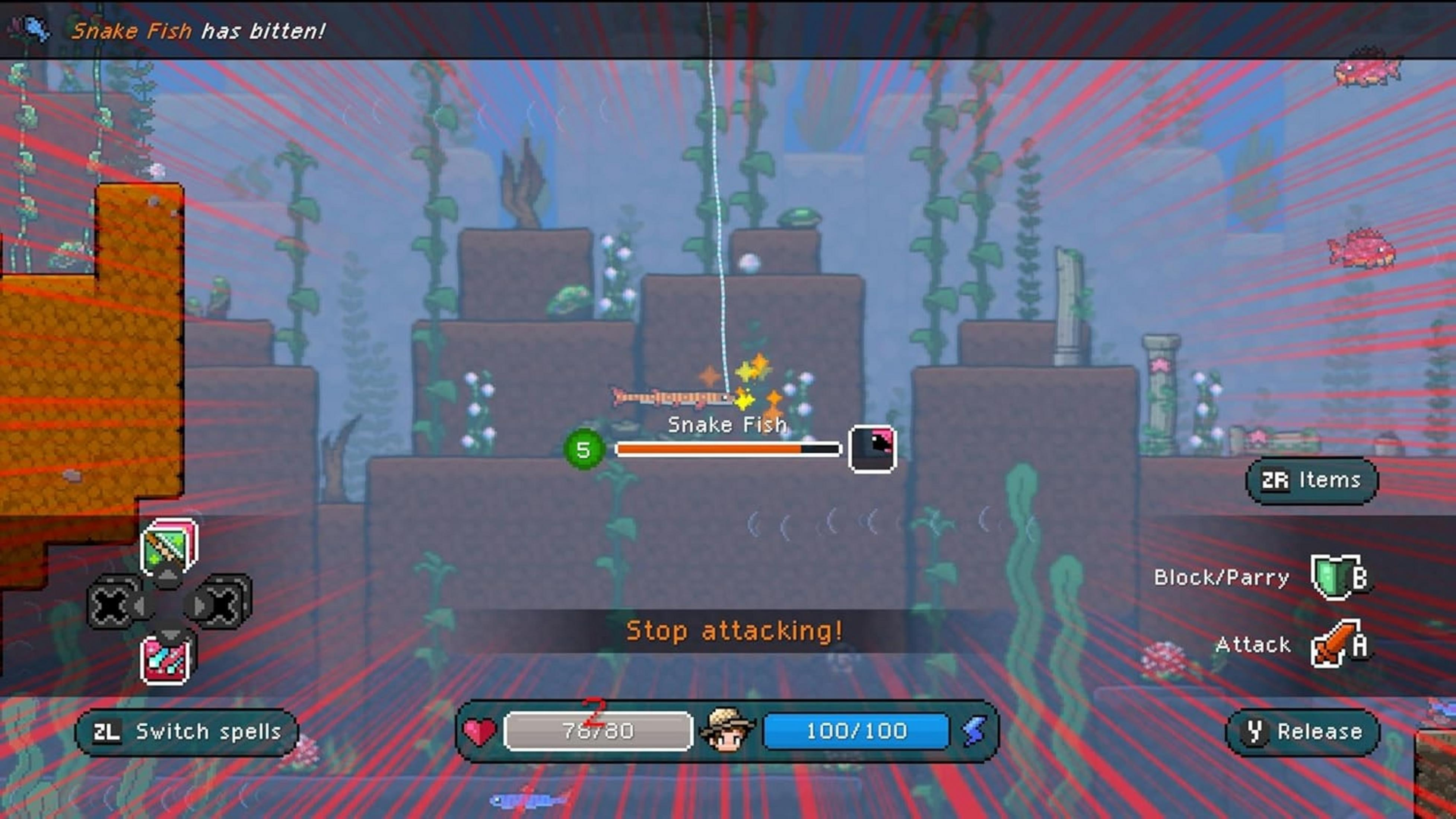 Pixel-Art-Spiel im Wasser. Ein Fisch hat gebissen. Zeigt Lebensleiste und Steuerung.