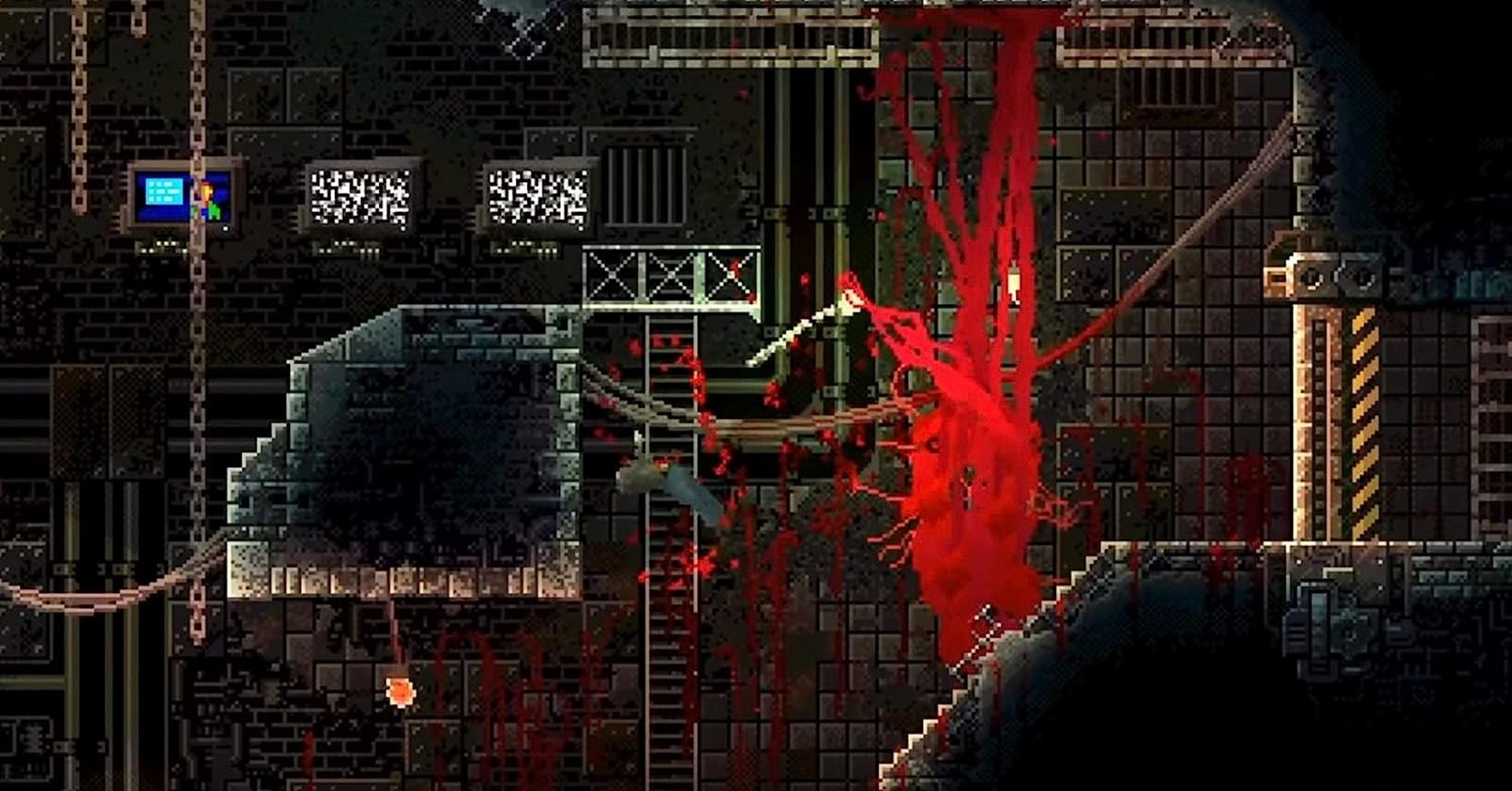 Pixelige Szene mit Blutfontänen, Metallstrukturen und Monitoren in dunkler Fabrik.