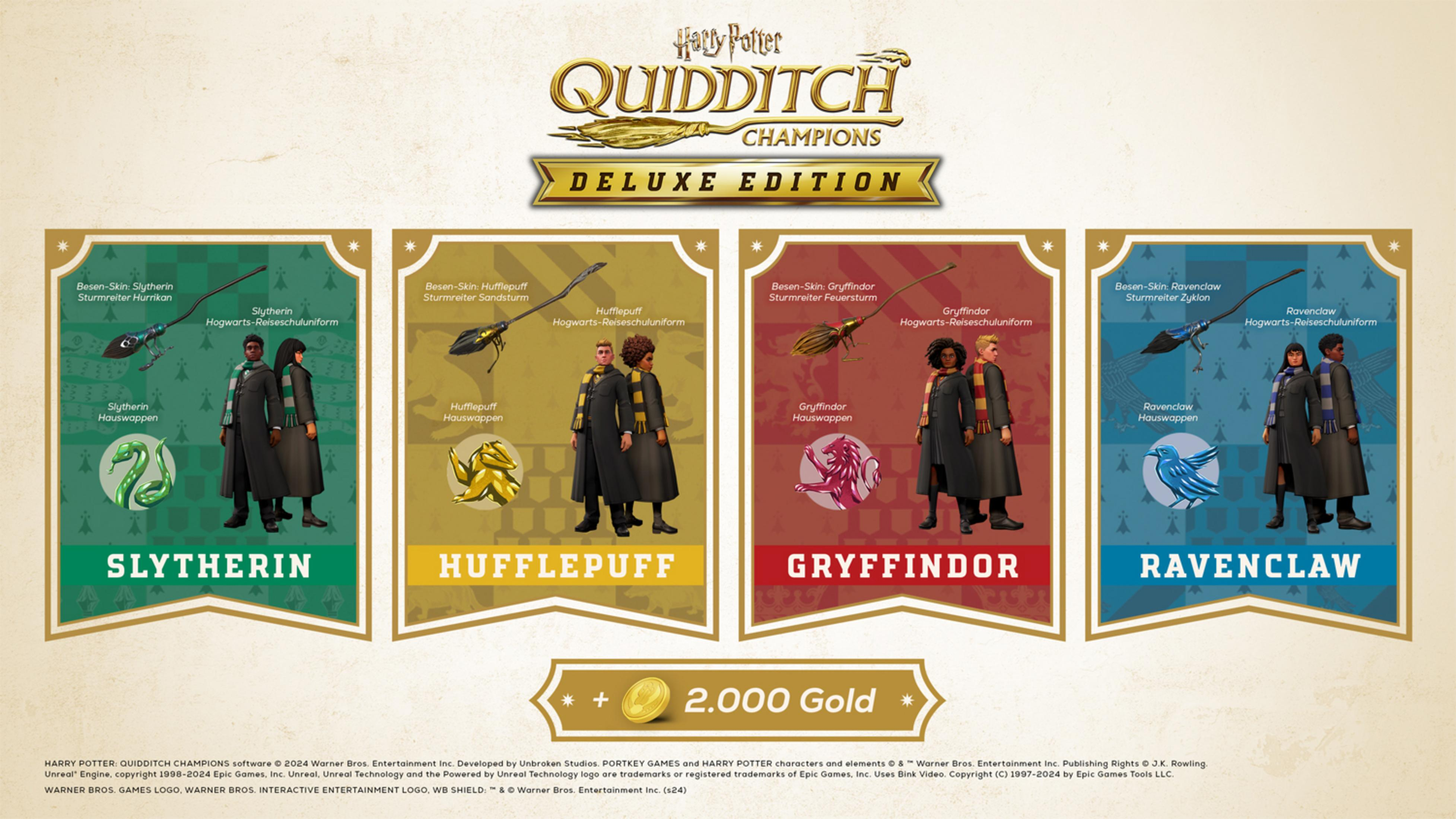 Vier Häuser von Hogwarts: Slytherin, Hufflepuff, Gryffindor, Ravenclaw mit Besen und Uniformen.