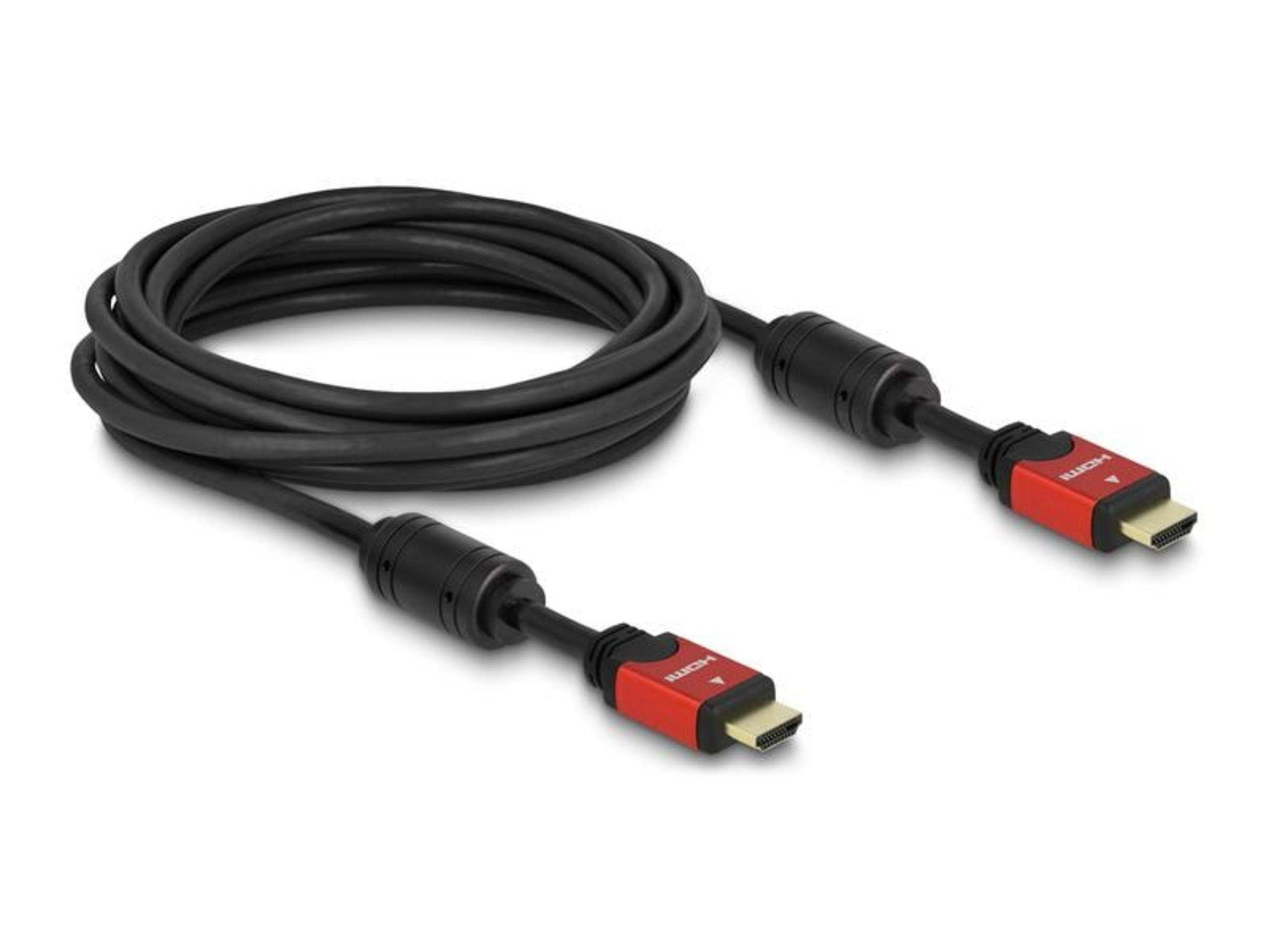 Zwarte HDMI-kabel met rode connectoren en zwarte cilindrische elementen.