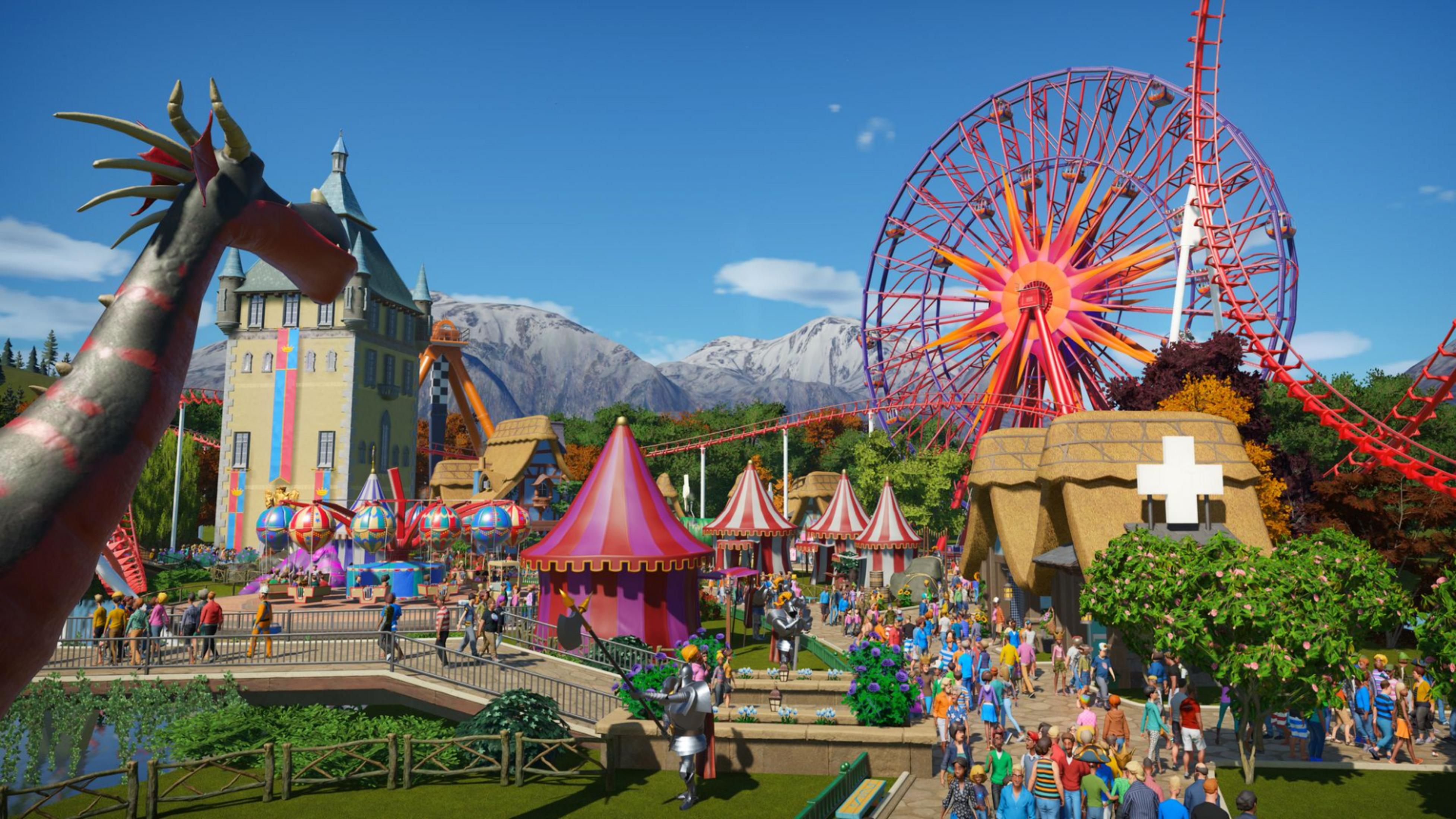 Ein belebter Freizeitpark mit einem Drachen, einem Riesenrad und Achterbahnen.