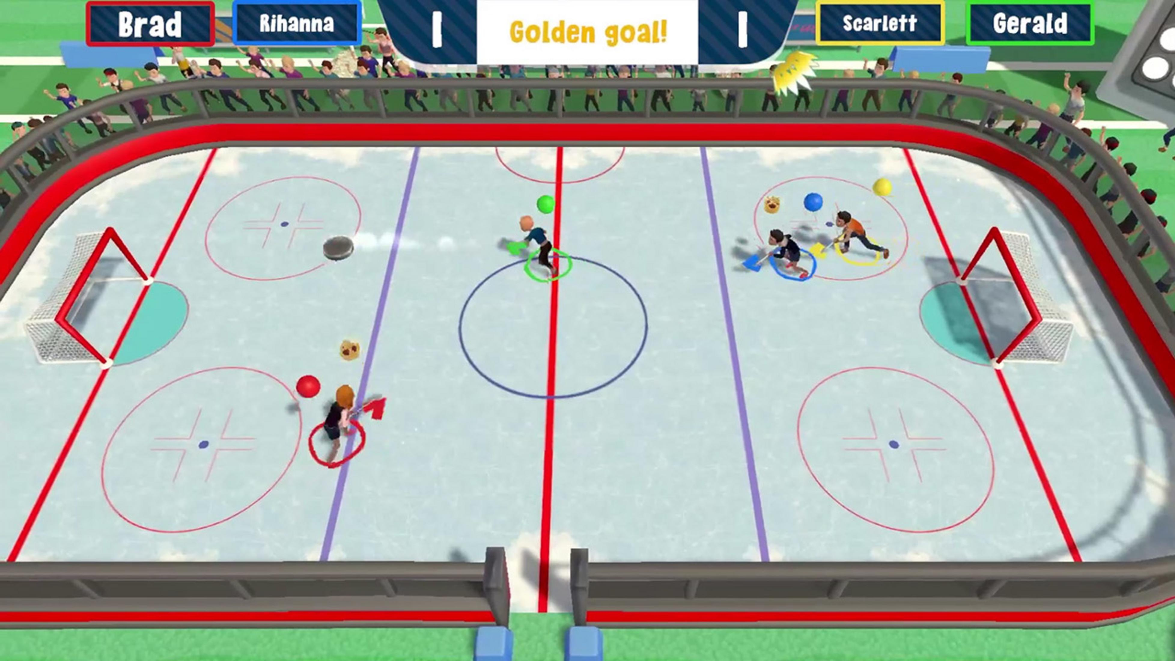 Eishockey-Spiel mit Spielern, Puck und Banden. "Golden goal!" wird angezeigt.