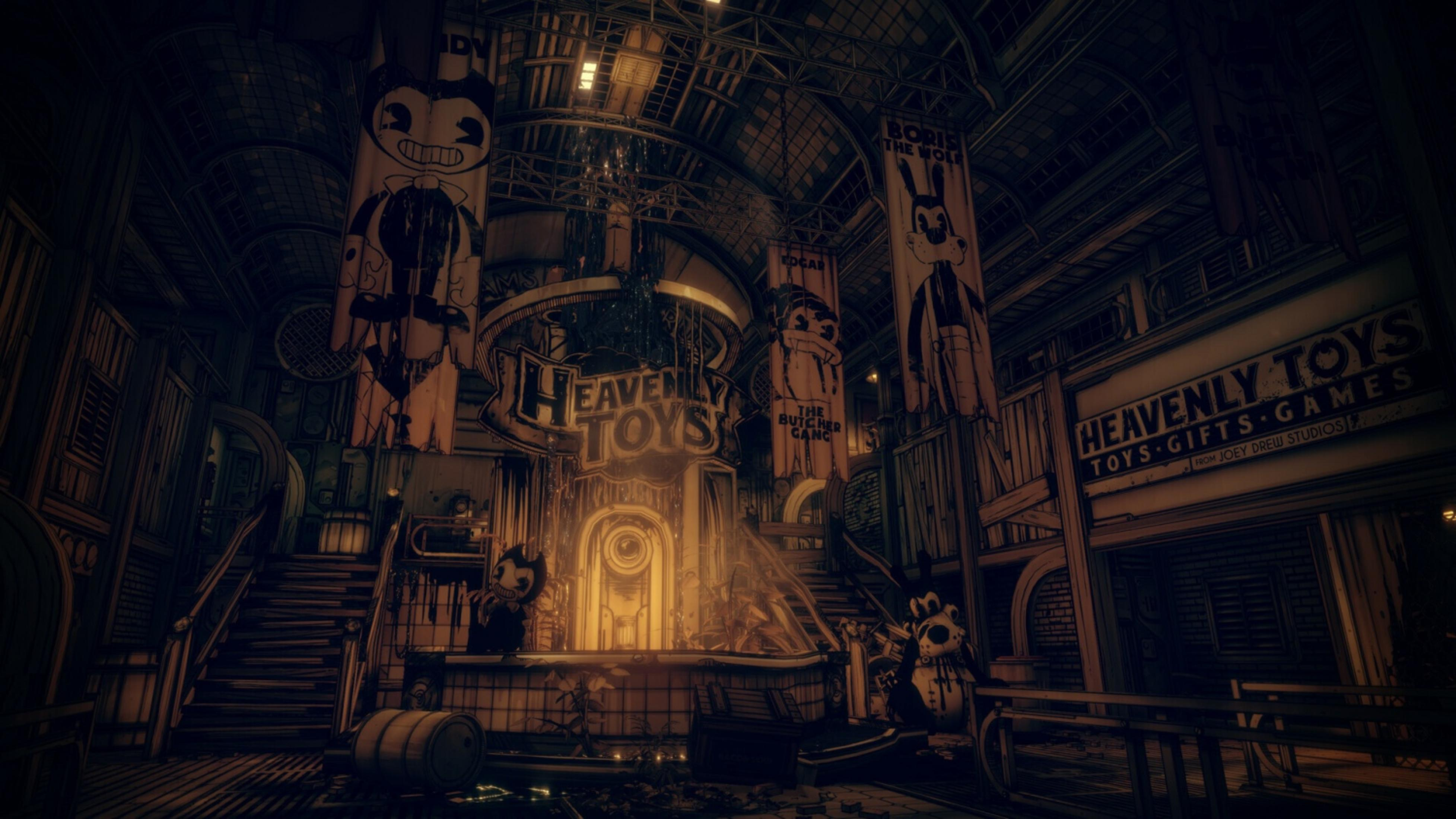 Un negozio buio con personaggi di Bendy e pubblicità "Heavenly Toys".