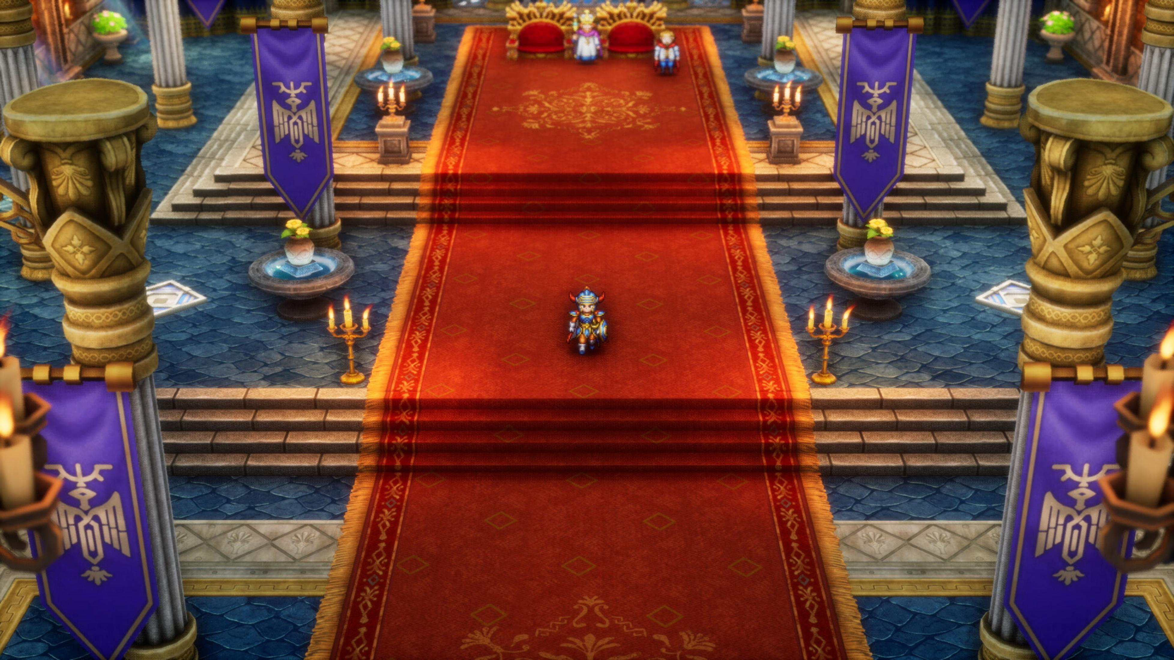 Ein Ritter auf einem roten Teppich in einem Thronsaal mit blauen Bannern.