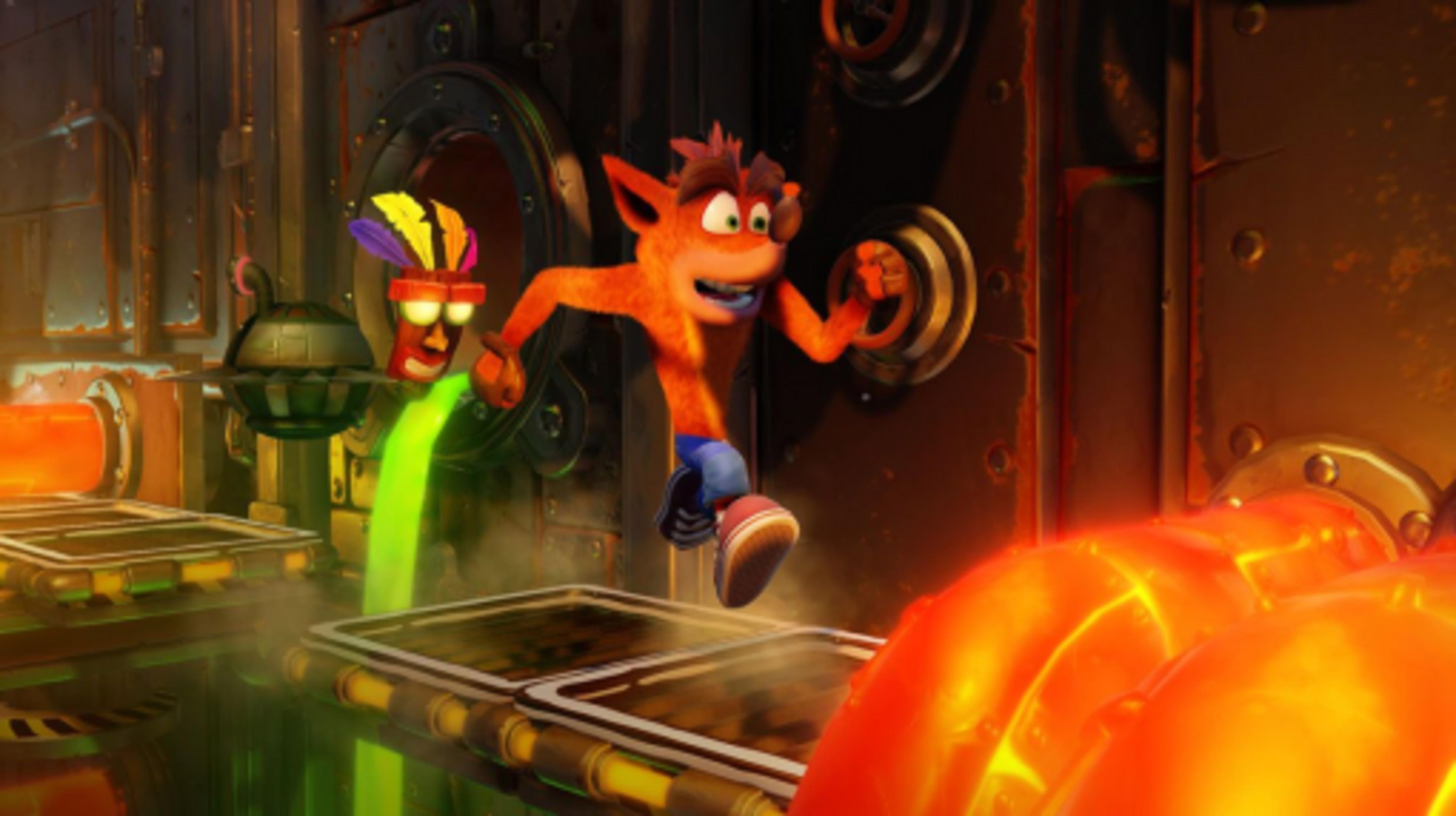 Crash Bandicoot corre in una fabbrica con liquido verde e lava.