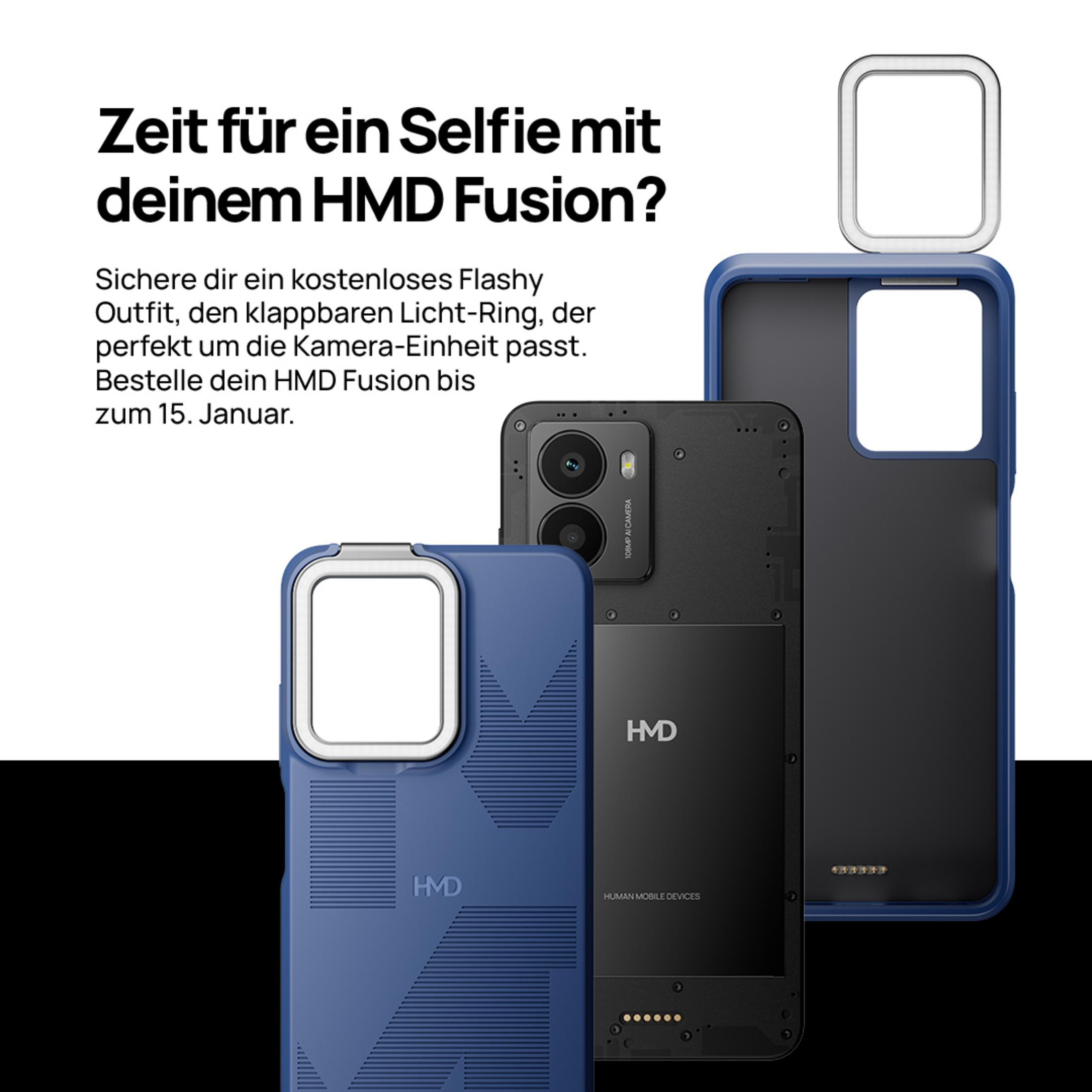 Uno smartphone HMD Fusion con custodie blu e un anello luminoso.