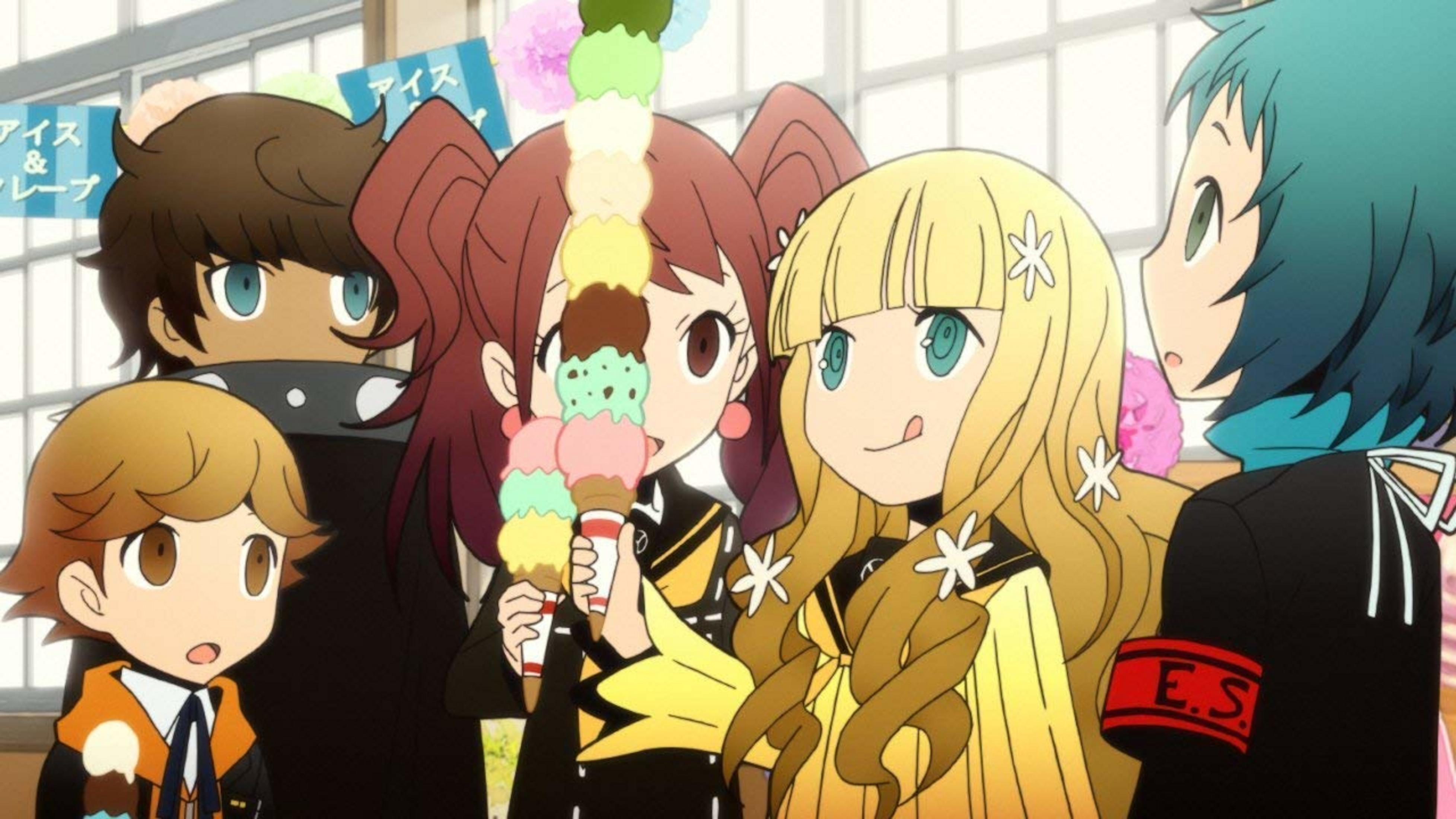 Mehrere Anime-Charaktere mit Eiscreme in einem Laden.