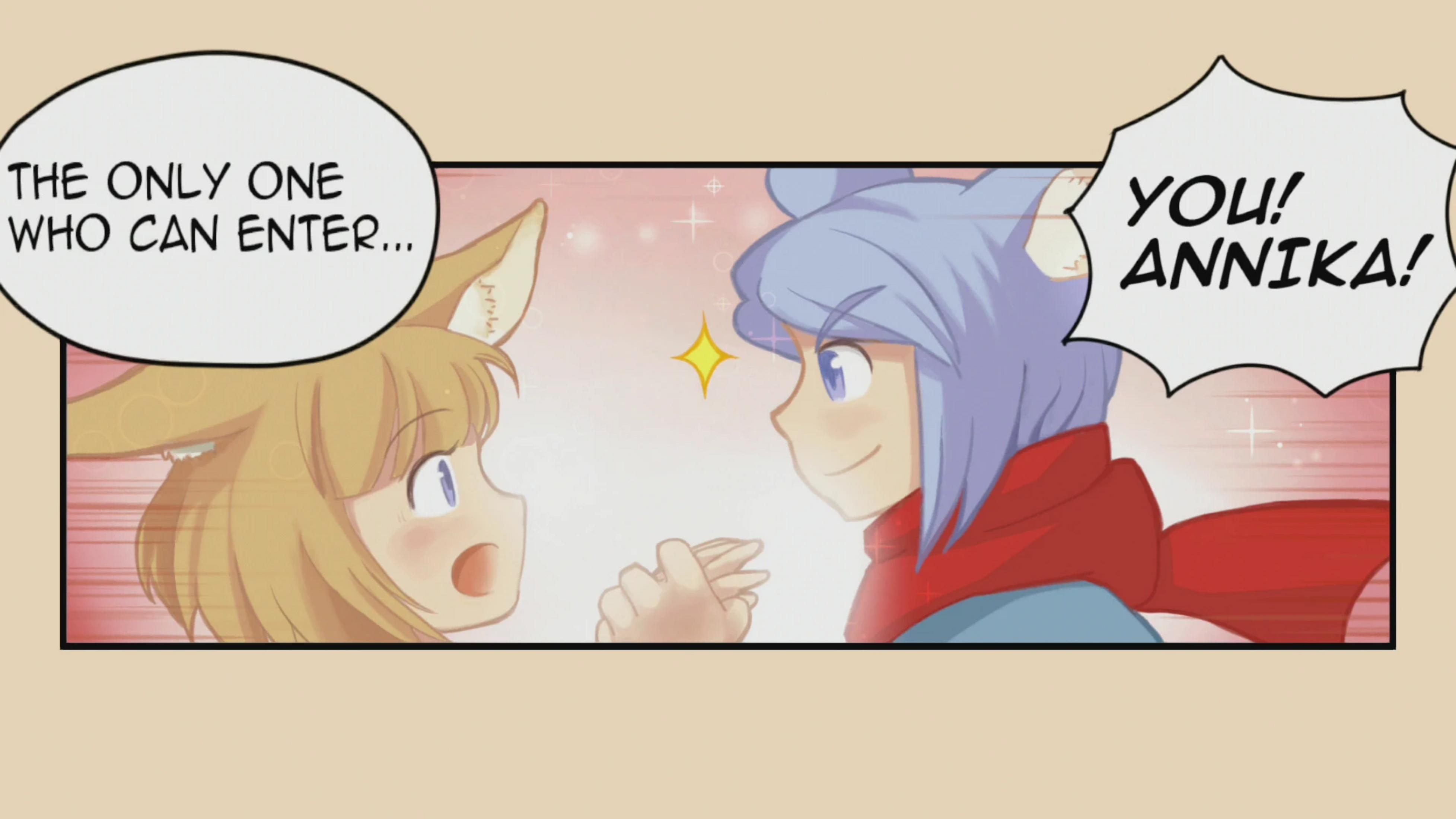 Zwei Anime-Charaktere mit spitzen Ohren sprechen miteinander.