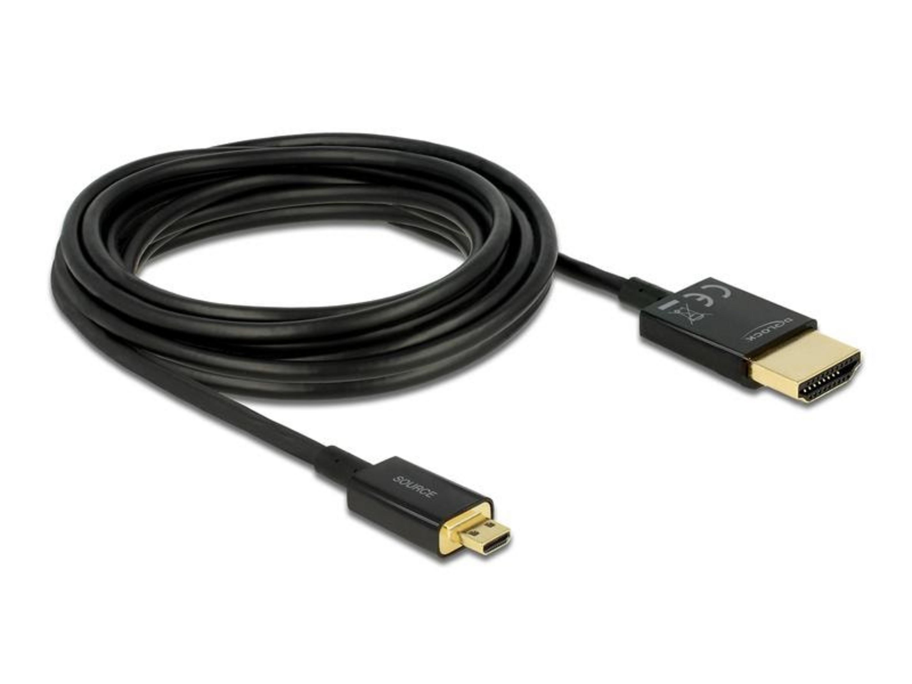 Schwarzes HDMI-Kabel mit zwei Anschlüssen, eines davon klein und beschriftet.