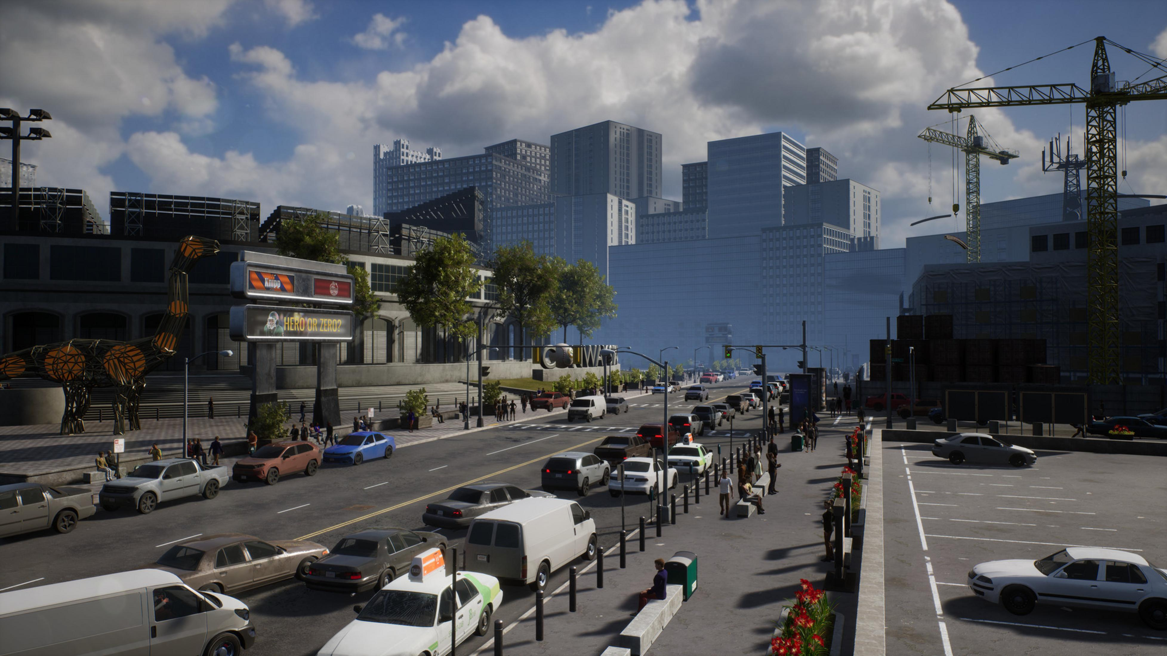 Eine Stadtstraße mit Autos, Gebäuden, Kränen und Fußgängern unter einem bewölkten Himmel.