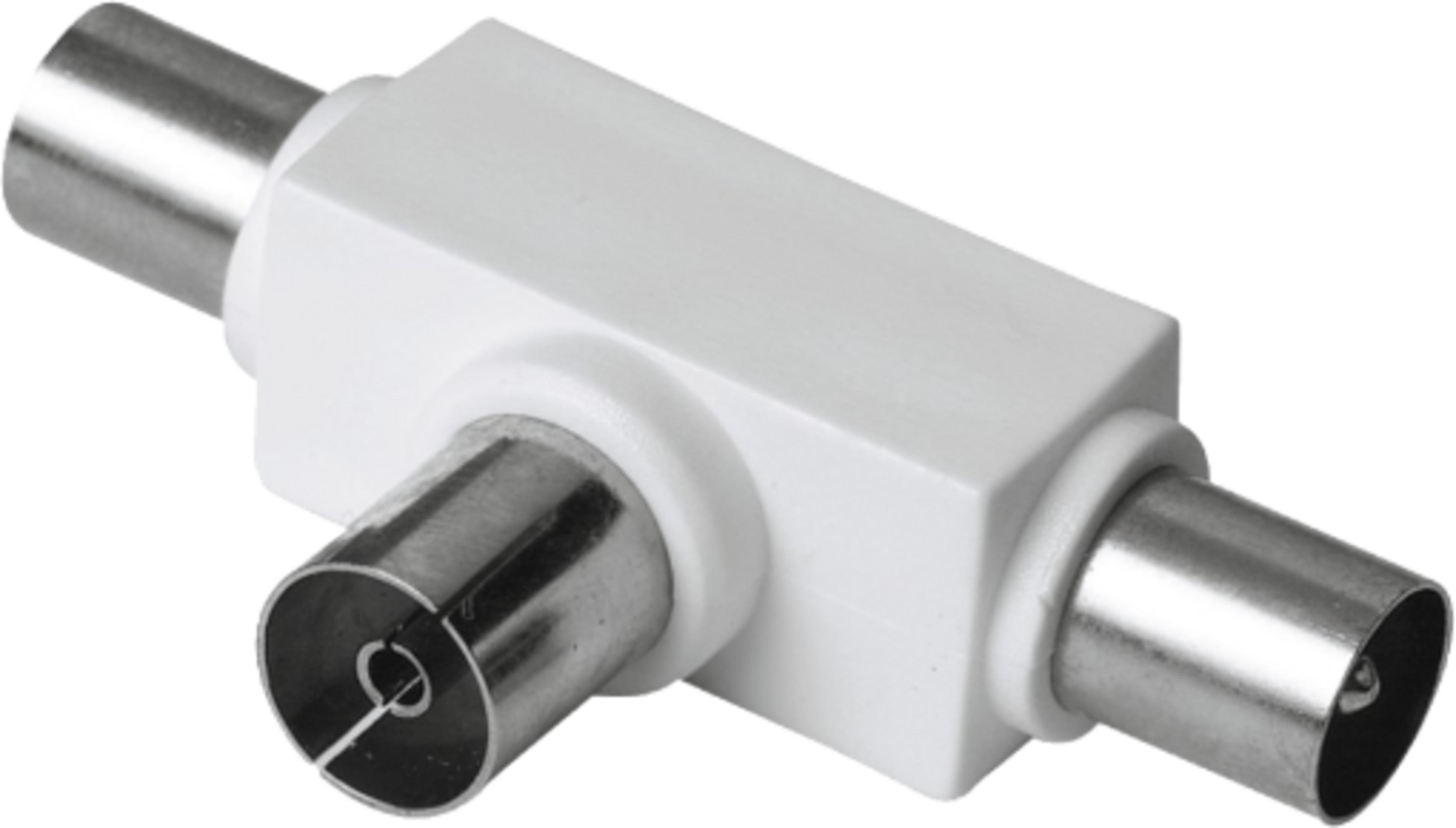Ein weißer Antennen-Splitter mit drei Anschlüssen.