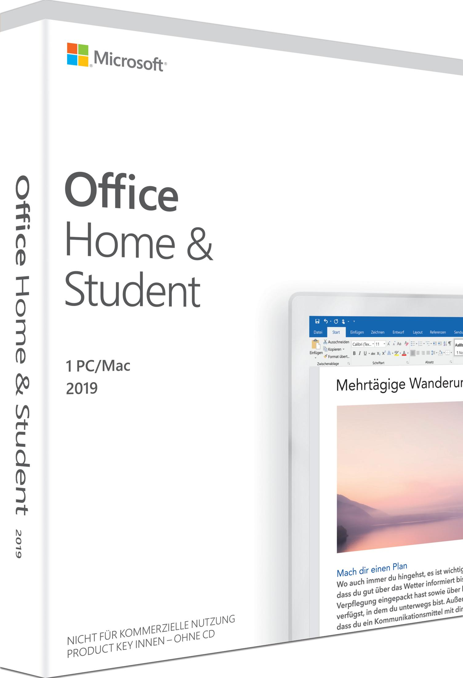 Microsoft Office Home & Student 2019 Box mit Software-Interface-Ansicht.